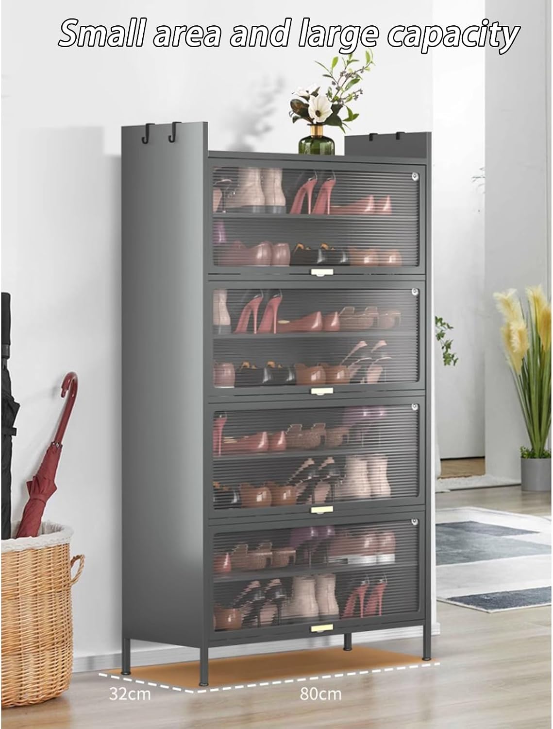 Space Saving Shoe Storage, Entryway Narrow Shoe Rack Storage with Doors, with Storage Shelf & Top Cubby, for High Heels, Entryways, Hallways, Closets, for Entry,Dark Gray-60CM_Four Floors