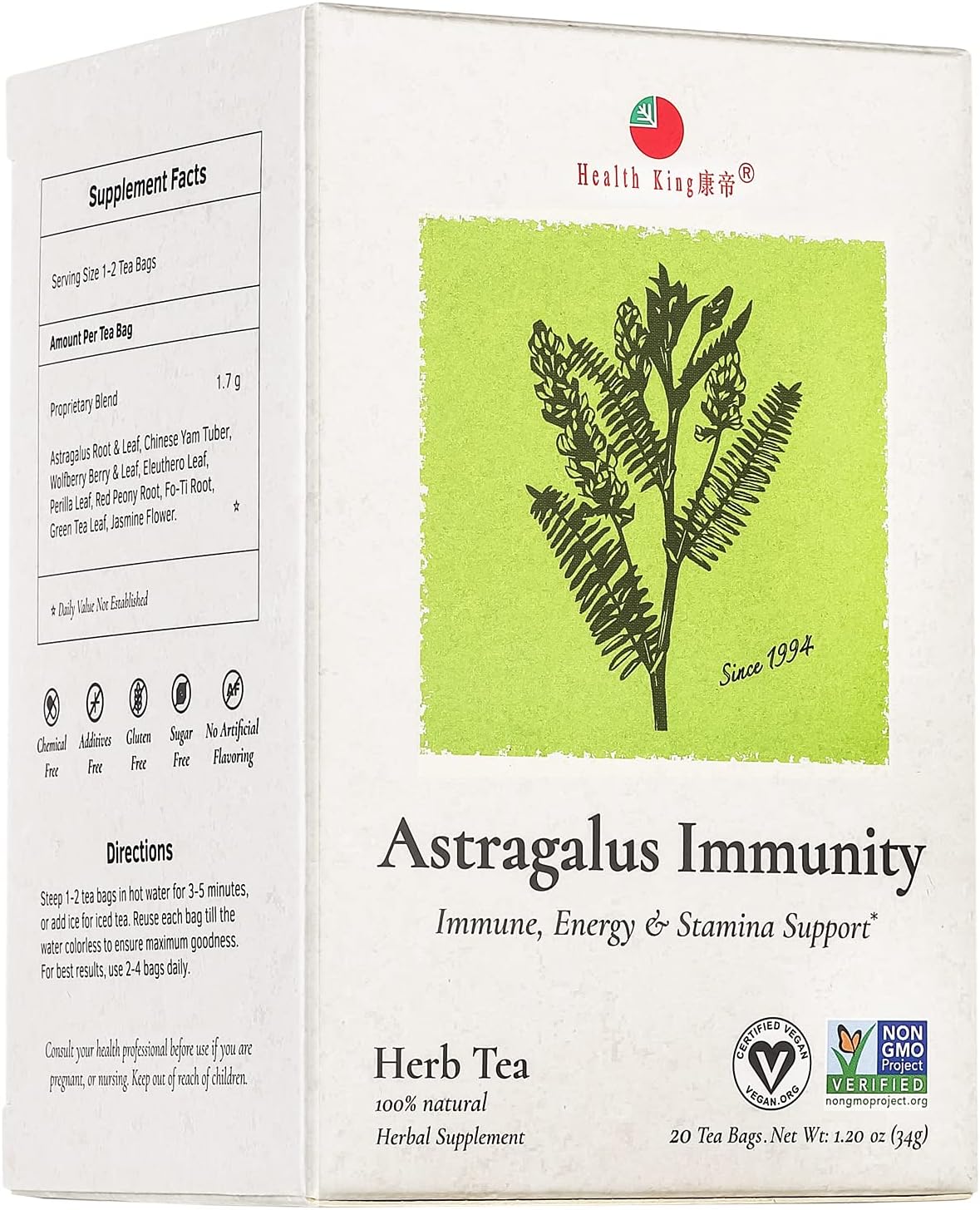 Astragalus Immunity Herb Tea, Teabags, 20 Count Box