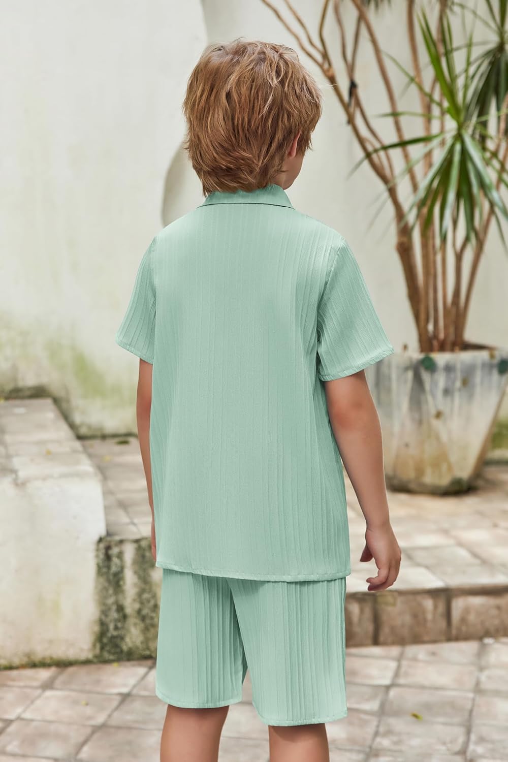 Arshiner Boy's Textured Button Up Shirt and Shorts Set 2 Piece Summer Beach Outfit for 5~12 Years Kids - Image 4