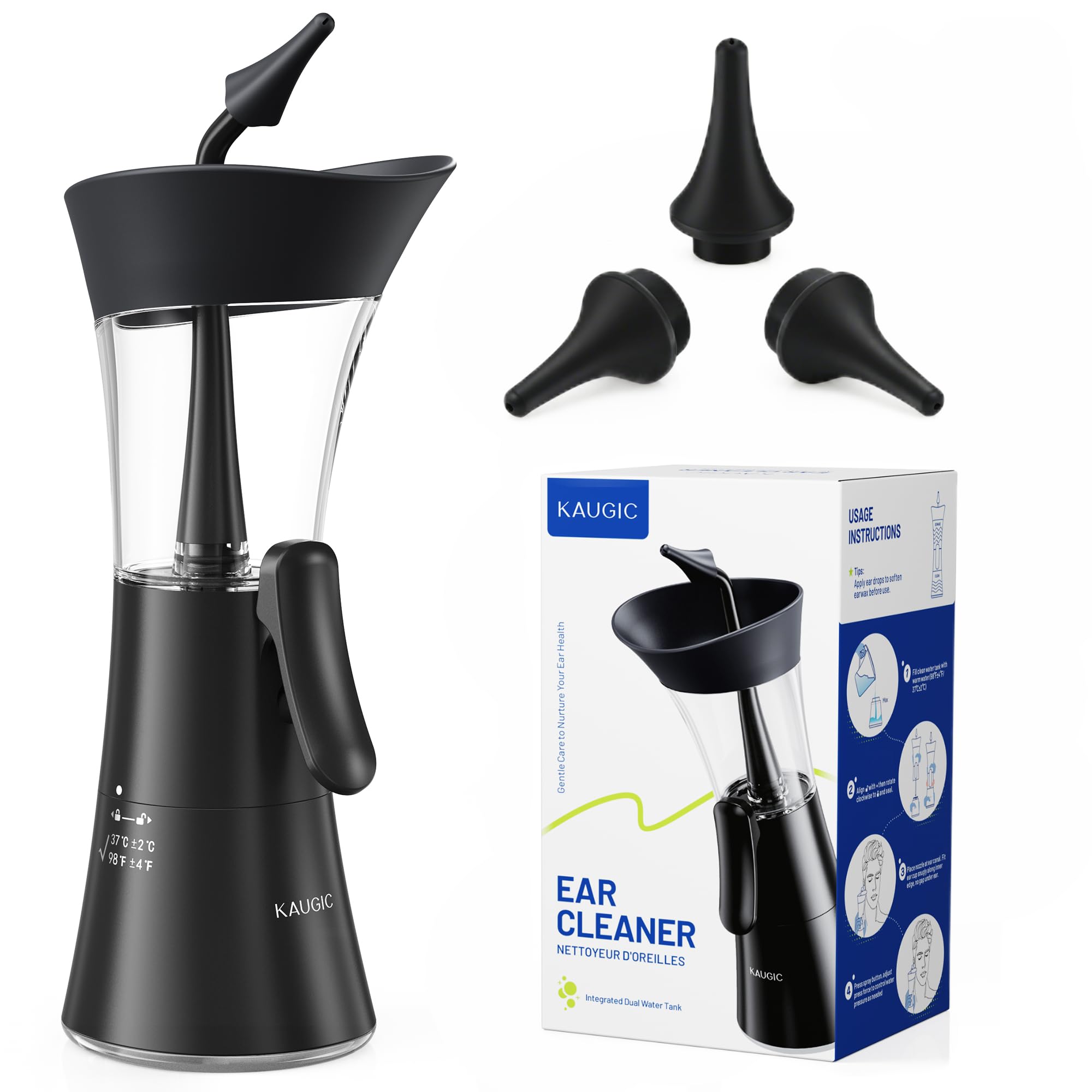 KAUGIC Manuelles Ohrenschmalz-Entfernungsset, 2-in-1-Wassertank Ohrreiniger – Ergonomischer Kraftsparender Knopf, Einhandbedienung, Weiche Silikonspitzen, Sicher und Komfortabel für zu Hause -Schwarz