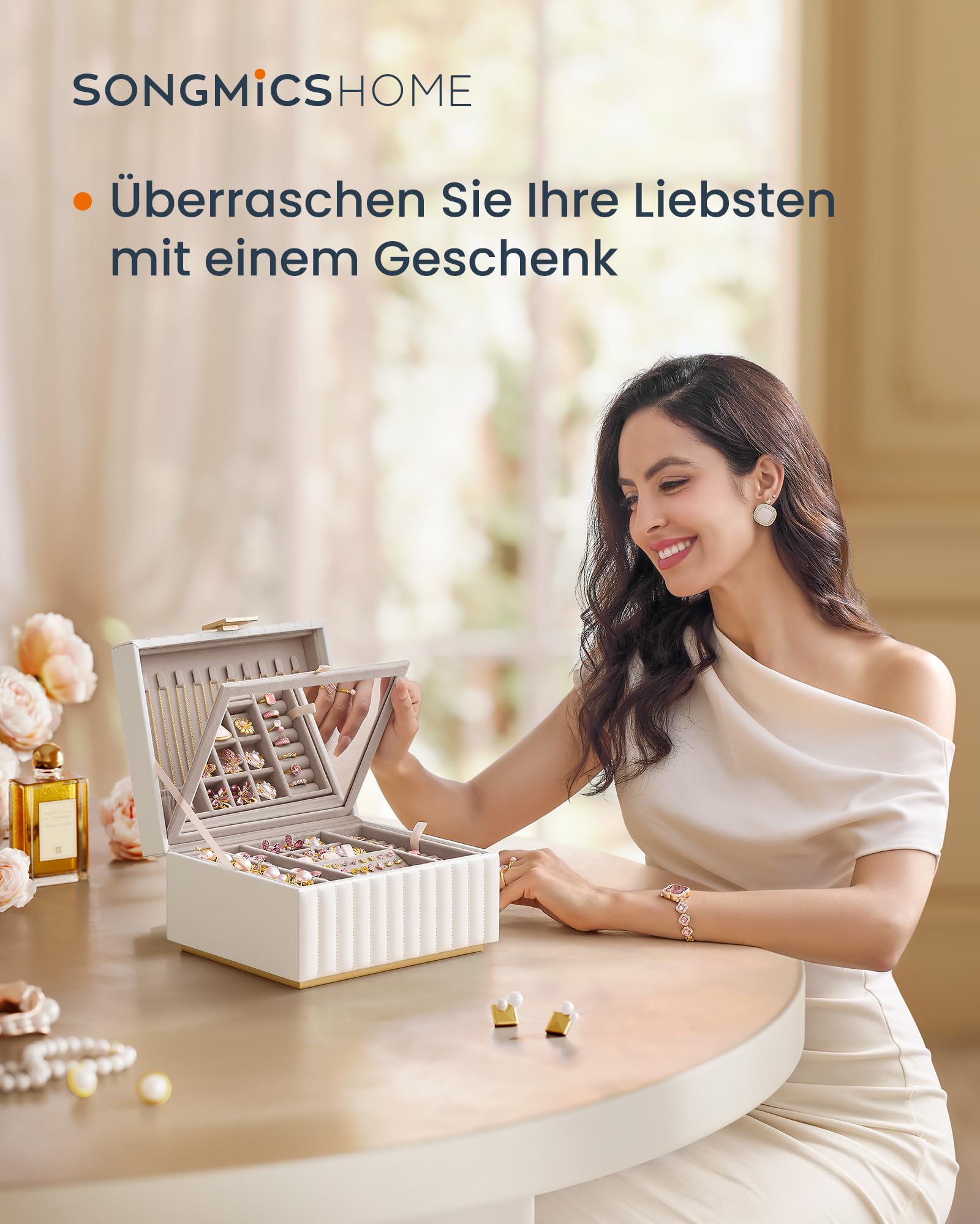 SONGMICS HOME ANAH Kollektion - Schmuckkästchen 2 Ebenen, 2er Set, Schmuckbox mit Spiegel, Schmucktablett herausnehmbar, PU mit Nähten, Schwebe-Effekt, 21,5 x 24 x 13,5 cm, wolkenweiß JBC182W01-2J
