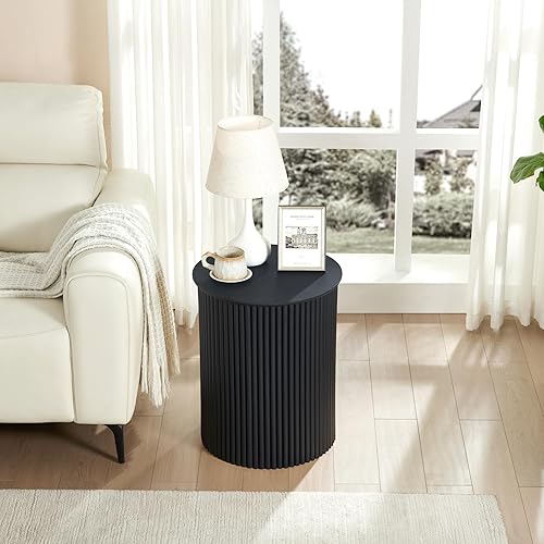 Miniatura 9 de AVZEAR Juego de 2 mesas auxiliares redondas pequeñas acanaladas, mesa auxiliar moderna de mediados de siglo, mesas de noche circulares de madera