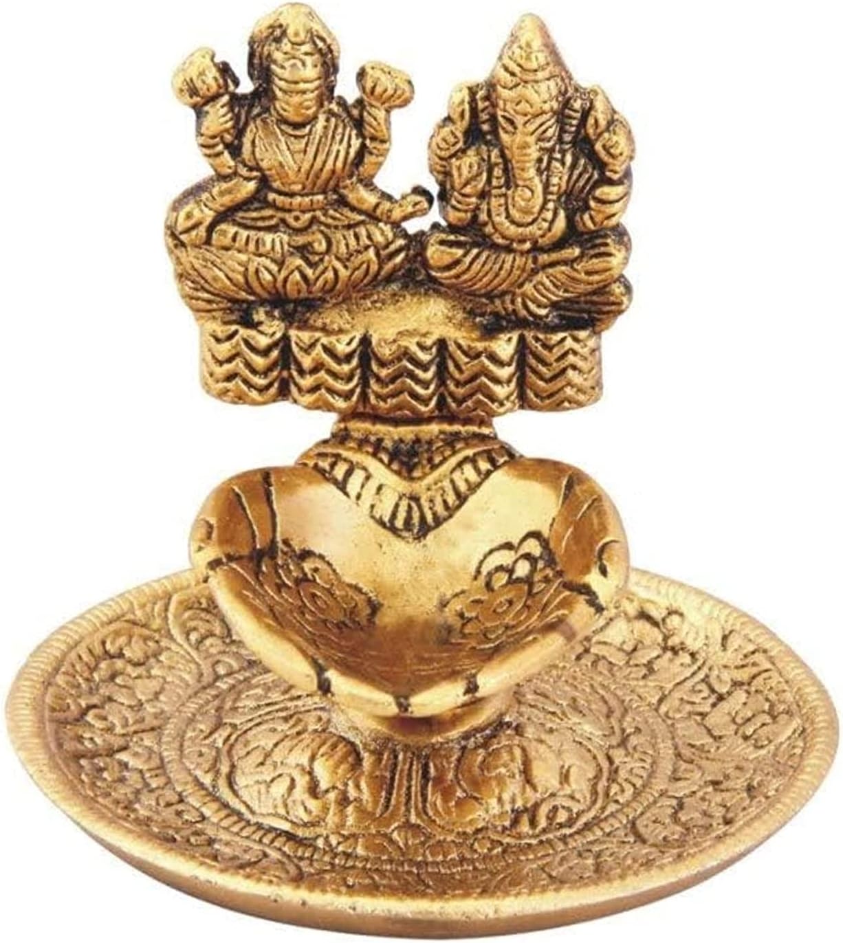 PURESTORY Goddess Laxmi Ganesh Diya for Puja & Home | Oil Lamp | Diwali Decoration Items for Home Decor | Diya for Home Temple & Office | Gold Diya for Mandir | Size - 3 Inch