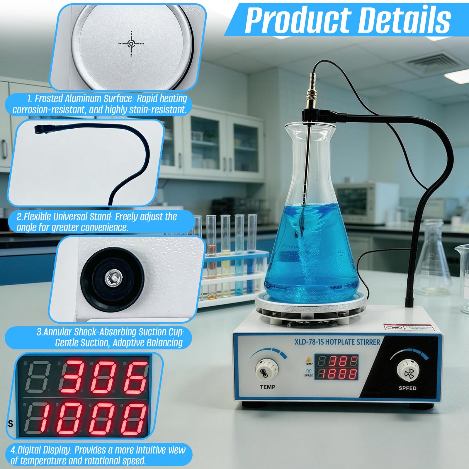 Agitatore magnetico riscaldato con piastra di riscaldamento, incl. 6 barre di miscelazione, 300-2600 giri/min, 20-100℃, potenza di riscaldamento 180 W, adatto a vari laboratori