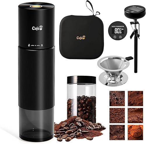 Molino de café 4 en 1, eléctrico, termómetro digital (-50C a 300C) con filtro y recipiente, molino de granos de café para campamento, RV, Molino de