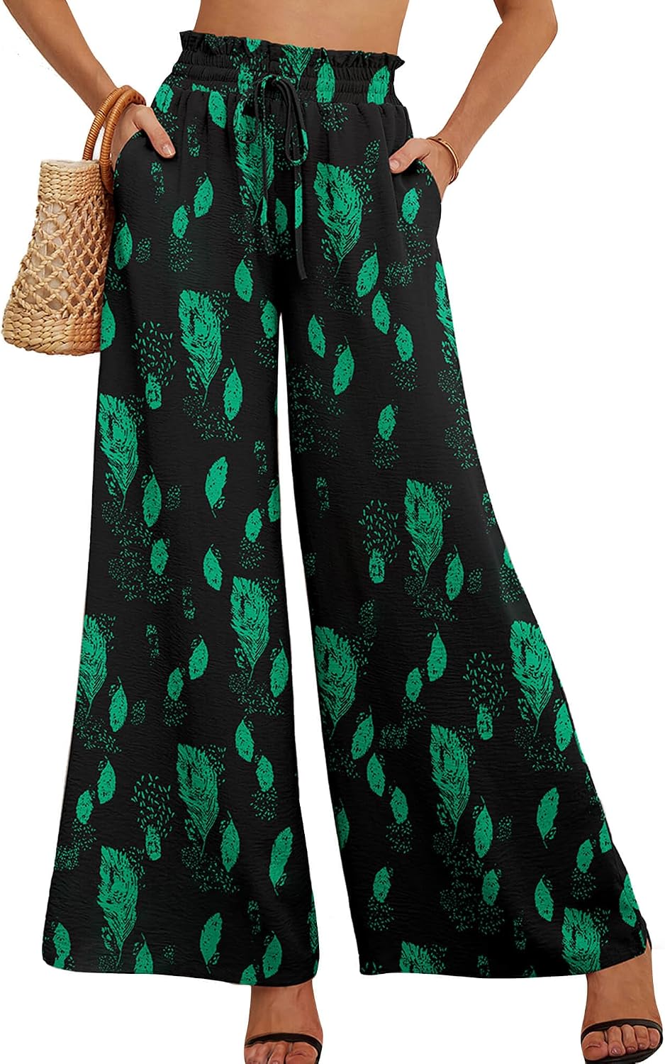 AusLook Women's Wide Leg Dress Pants with Pockets Lightweight High Waisted Adjustable Tie Knot Loose Lounge Trousers