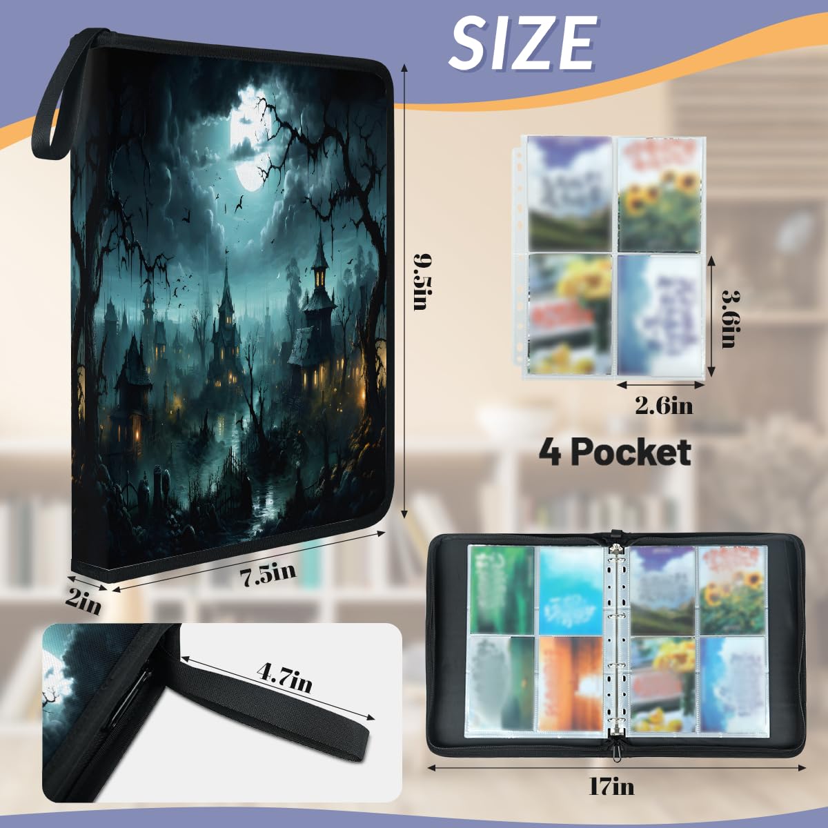 Classeur pour cartes à collectionner - 4 poches - Château d'Halloween - Arbre et lune - Classeur pour cartes avec pochettes amovibles - Étanche - Avec fermeture éclair - Capacité de 50 pages - 400