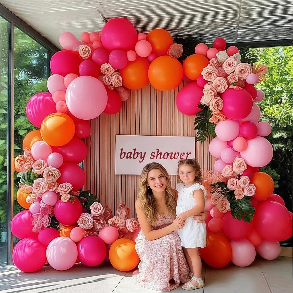 Hot Pink Orange Balloon Garland Double Stuffed Orange Pink Coral Balloon Arch Kit for Birthday Baby Shower Flamingo Wildflower Valentine Mother’s Day Party Decorations