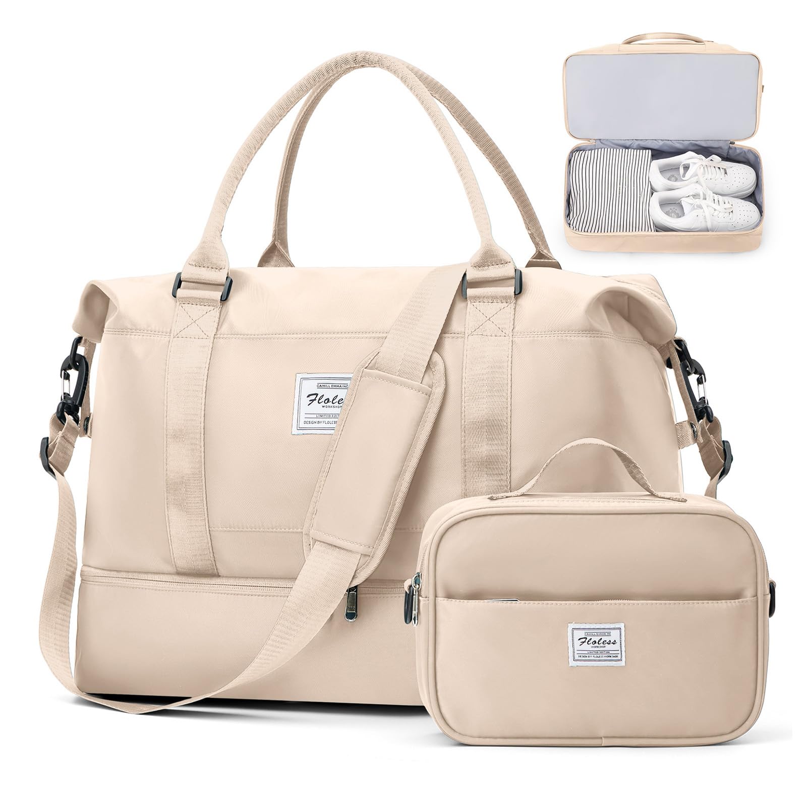 Borsone da Viaggio Donna, Bagaglio a Mano Borsa da Viaggio con Scomparto per le Scarpe, Borsa Sportiva Borsone da Palestra Grande, Borsa da Weekend, Borsa per Ospedale,C5 beige