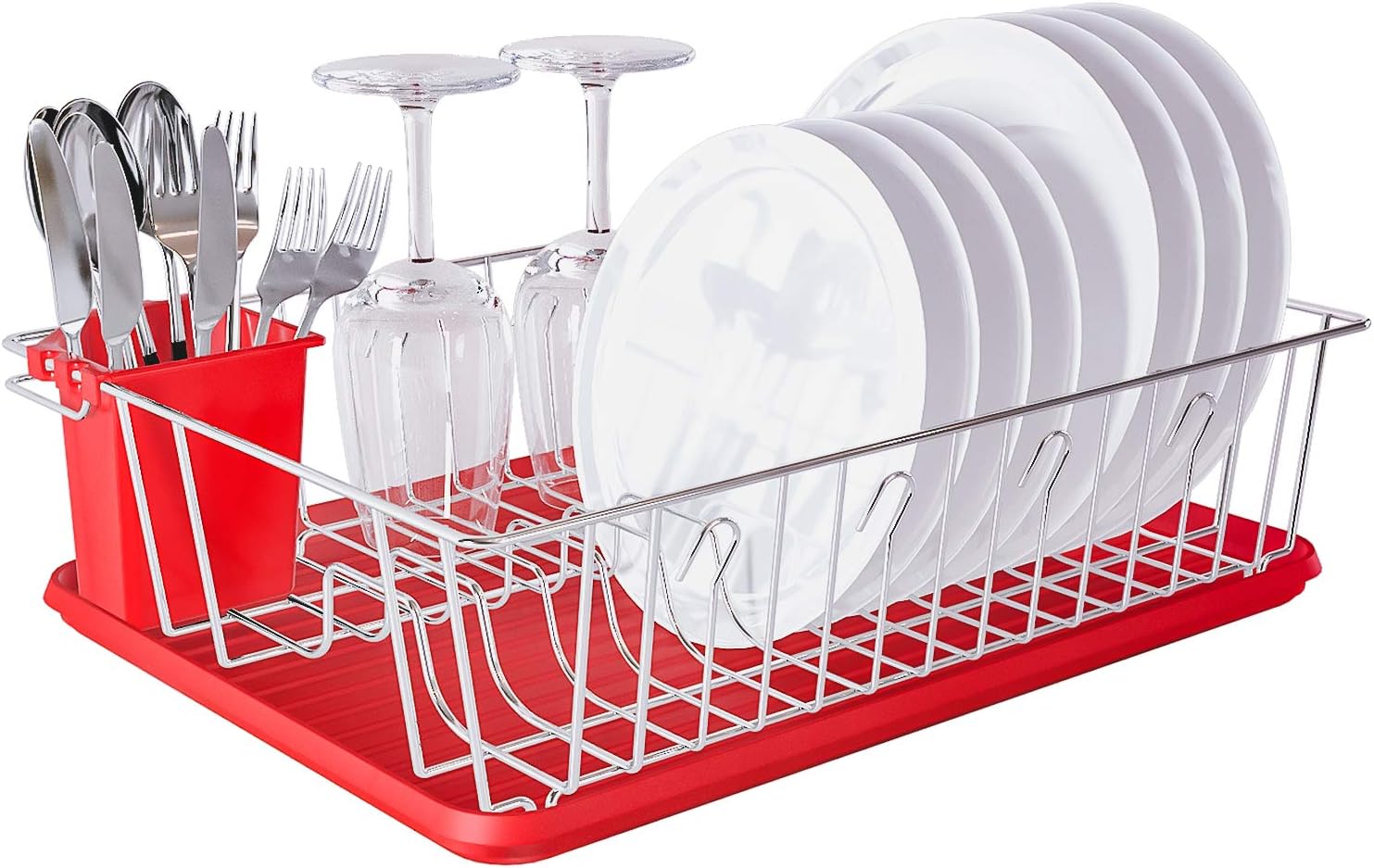 Home Intuition 3-Piece Dish Drying Rack Drainer Set 17" x 13.75" x 5", Red