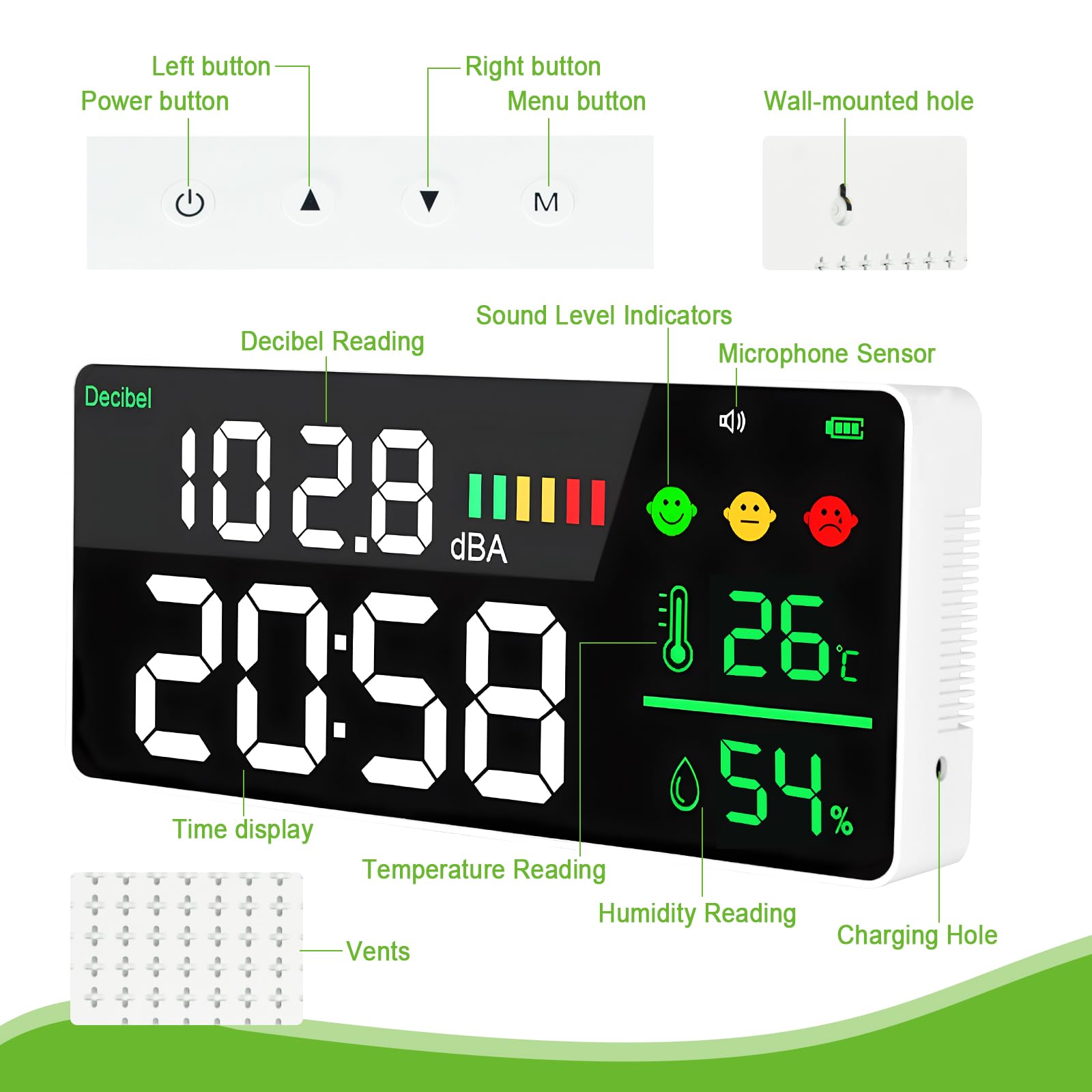 4-in-1 Digitales Dezibel-Schallmessgerät, LED-Farbbildschirm mit Geräusch, Zeit, Temperatur und Luftfeuchtigkeitsanzeige, 30-130 Dba, Schallpegelmesser für Büro, Fabrikhalle, Krankenhaus, Wandmontage