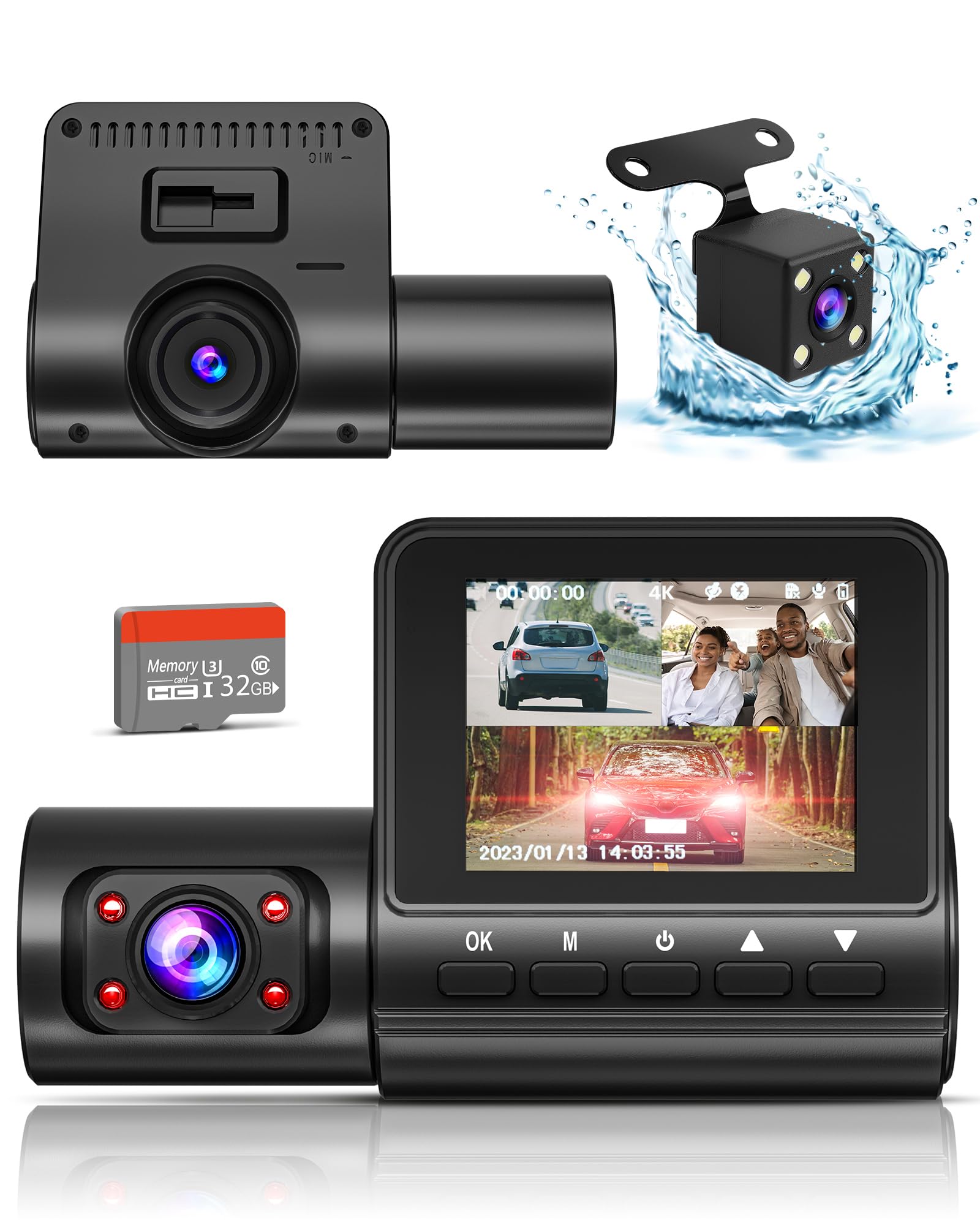 Dash Camera for Cars,4K Full HD Dash Cam Front and Rear Inside, Dashcam with Night Vision with Free 32GB Card,Built-in Loop Recording,Accident Lock,G-Sensor,WDR,24H Parking Monitor - (S6)