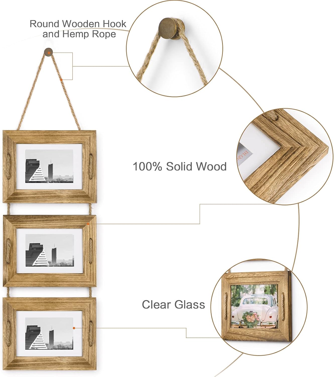 DLQuarts 5x7 Hanging Picture Frames Collage Wall Decor, 3-Opening Photo Frames 5x7 without Mat & 3.5x5 with Mat, Rustic Wood, Carbonized Black - Image 4