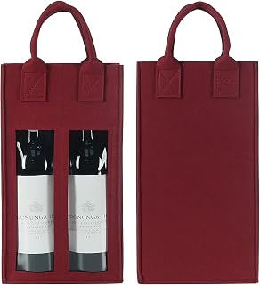 Shintop Double Wine Bag with Window, Felt Wine Carrier Tote with Handle Reusable Bottle Gift Bag for Party Favors Travel, Camping(1pc, Red)