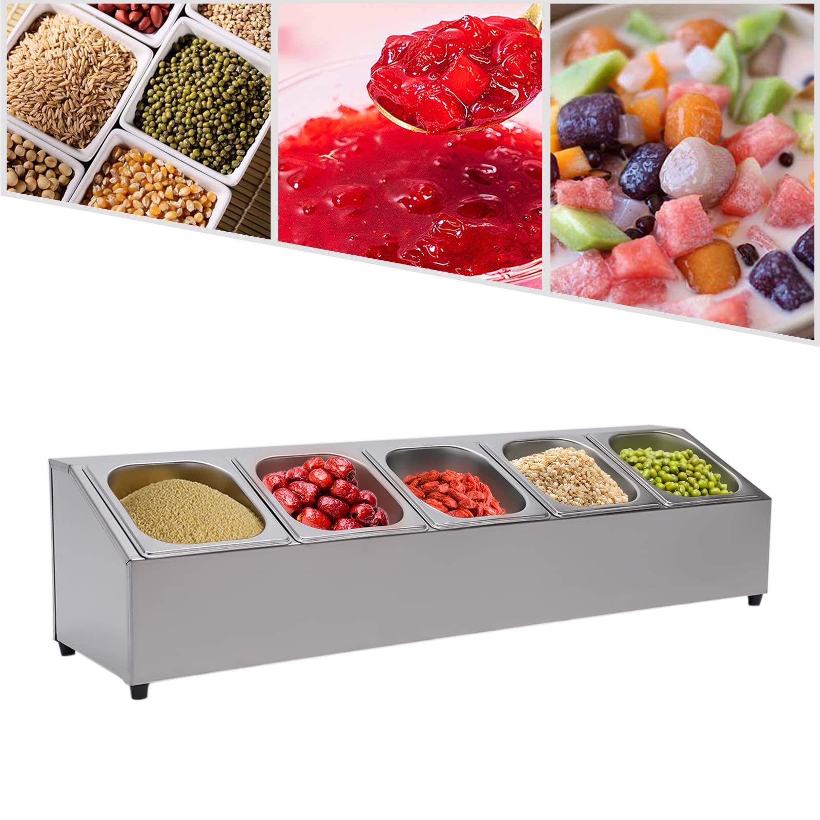 GN - Recipiente de acero inoxidable para gastronorm, apto para lavavajillas, con 5 tapas a juego, incluye 5 recipientes de 1/6