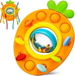 Jiosdo Baby Toys 6 Months Plus, Montessori Pull String Toy, Silicone Fine Motor Skills Montessori Toys, Baby Rattle Sensory Toys for Babies, Baby Travel Toys for 1 Year Old Girl Boy Gifts (Carrot)