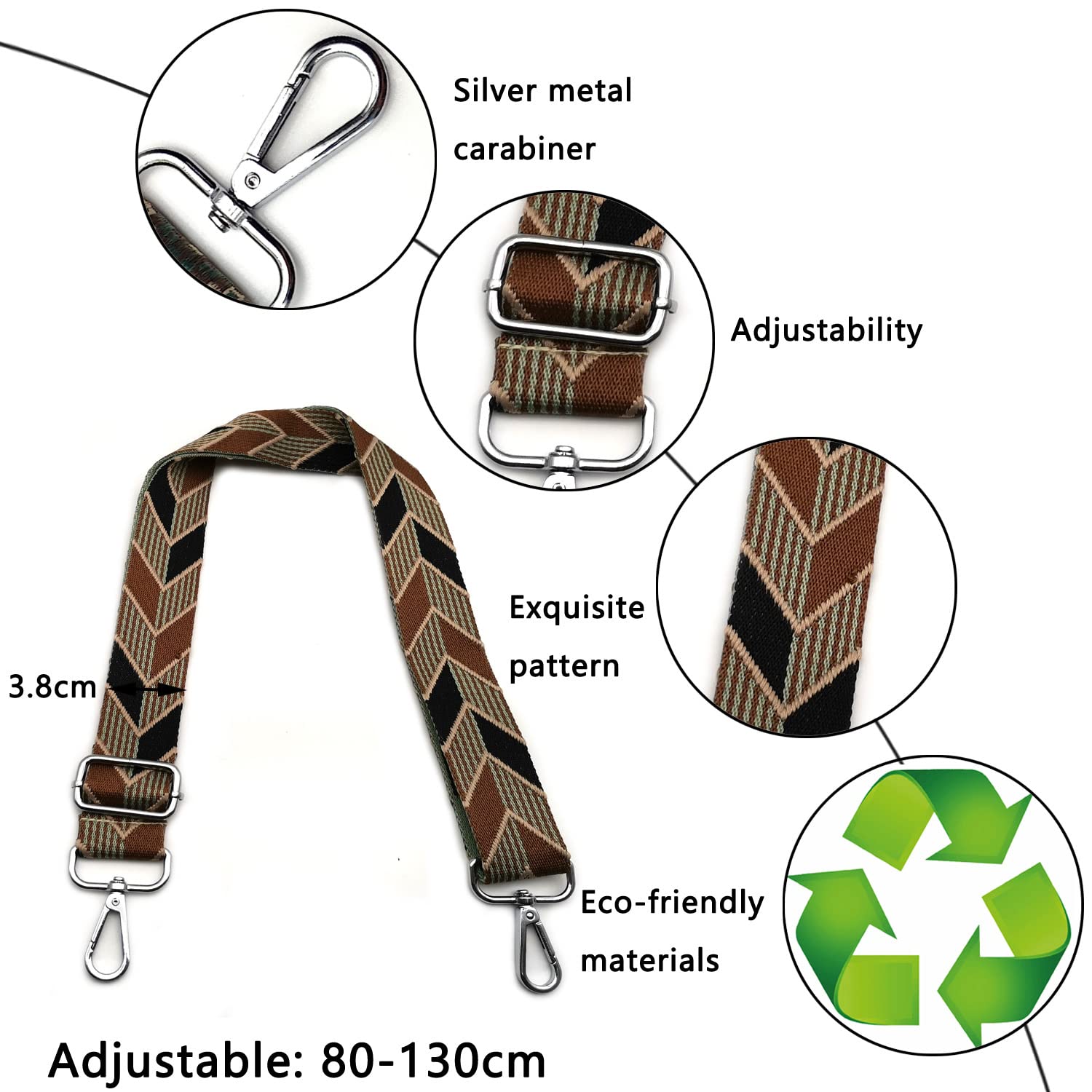 Sangle Sac Bandoulière Réglable - 80-130cm - Mousqueton Argent - Pour Sac à Main, Crossbody - Design Élégant
