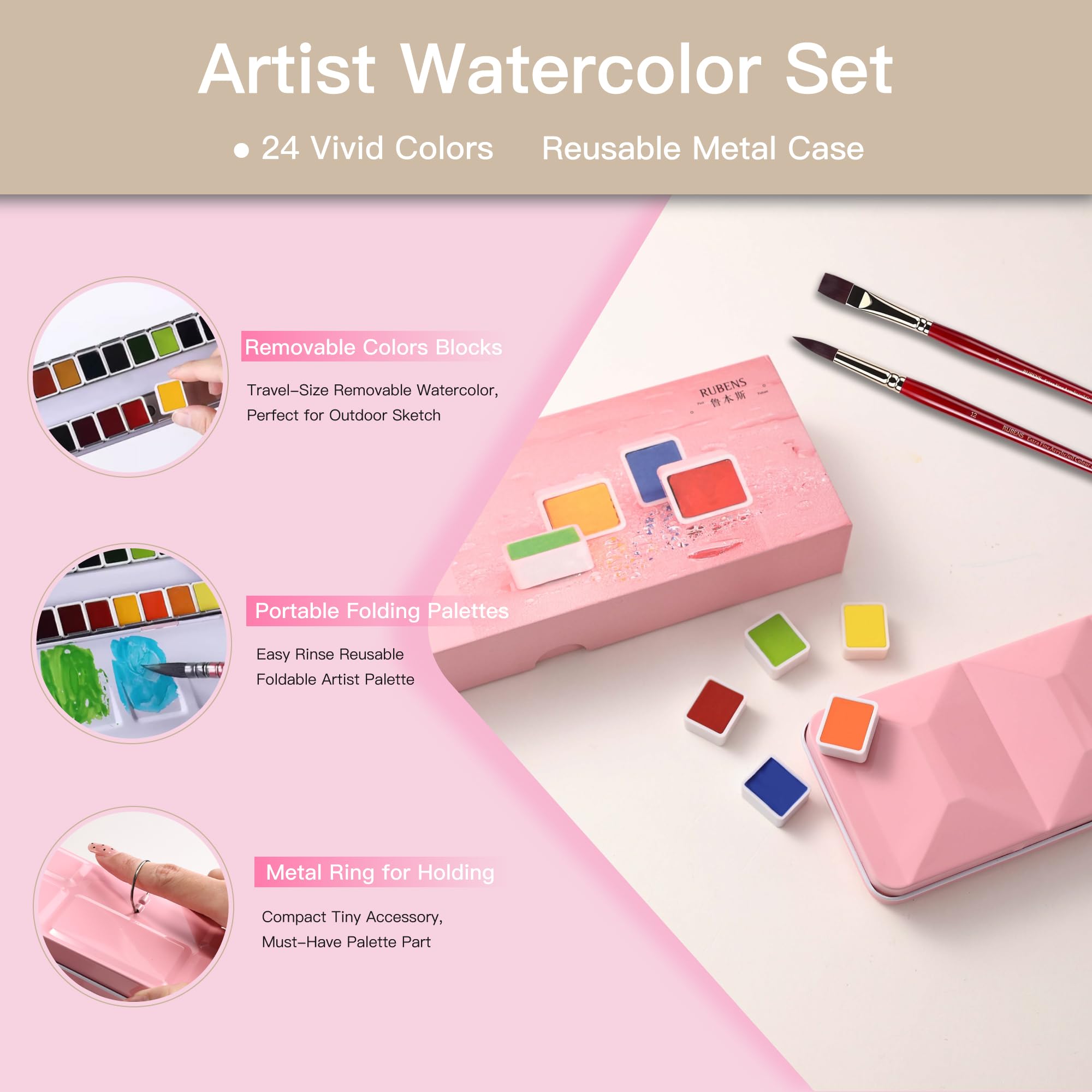 rubens Set di pittura ad acquerello professionale, 24 colori, mezze padelle ad alto pigmento, in elegante custodia in metallo rosa con motivo a rombi con anello, regalo artistico estetico per