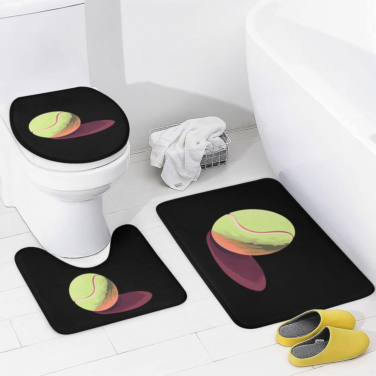 Tennis Ball Sports Modern Bathroom Sets with Shower Curtain and Rugs Decor 4 Pcs with 12 Hooks