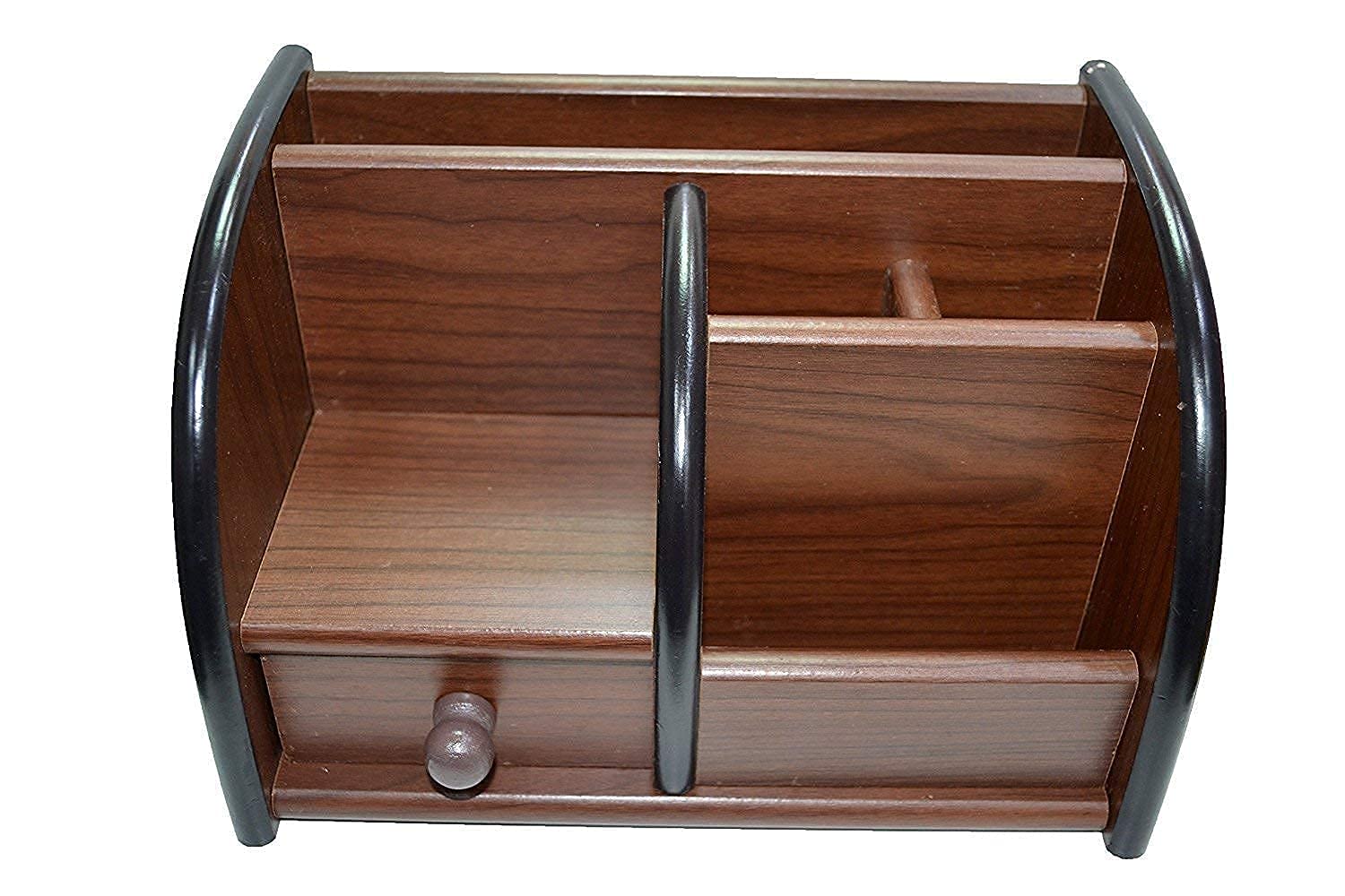ZINLEY Polished Multi-Functional Wooden Desk Organiser, Pen Stand/Pencil Stand With Drawer, Stationery Stand For Office And Students Use - Mobile Holder For Desk, Brown 4