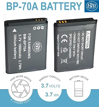 BM BP-70A, BP70 Battery and Charger for Samsung DV150F PL120 PL170, PL200, SL50, SL600, SL605, SL630, ST65, ST66, ST76, ST80, ST90, ST95, ST100, ST150F, ST700, TL105, TL110, TL205, WB30F, WB35F, WB50F