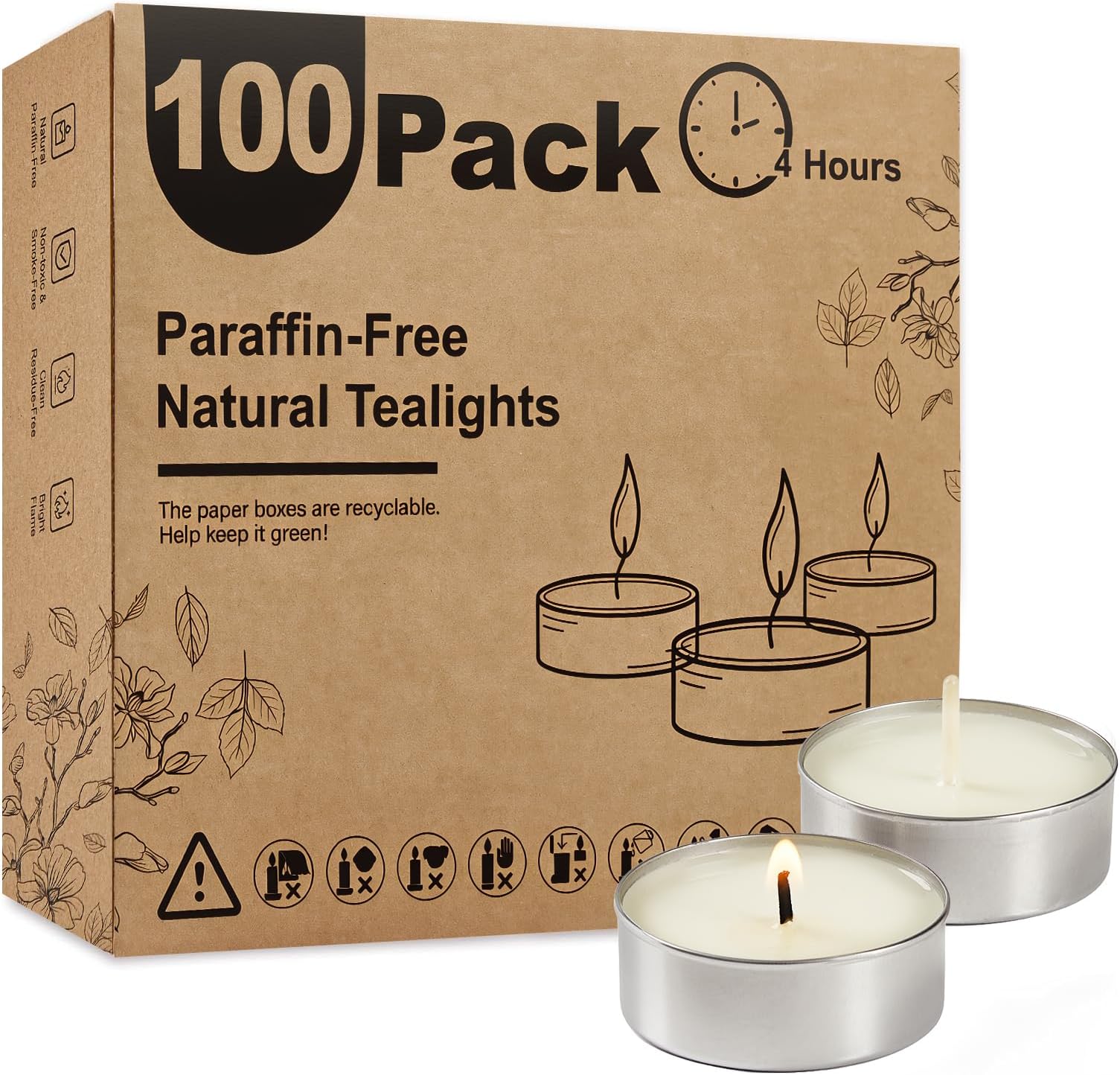 Ashlux Unscented Palm Tea Lights Candles 100 Pack Bulk, 4.5 Hours Long Burning White Tea Lights,Non-Paraffin, Smokeless, Mini Tealight Votive Candles for Wedding, Christmas Lights, Party, Christmas