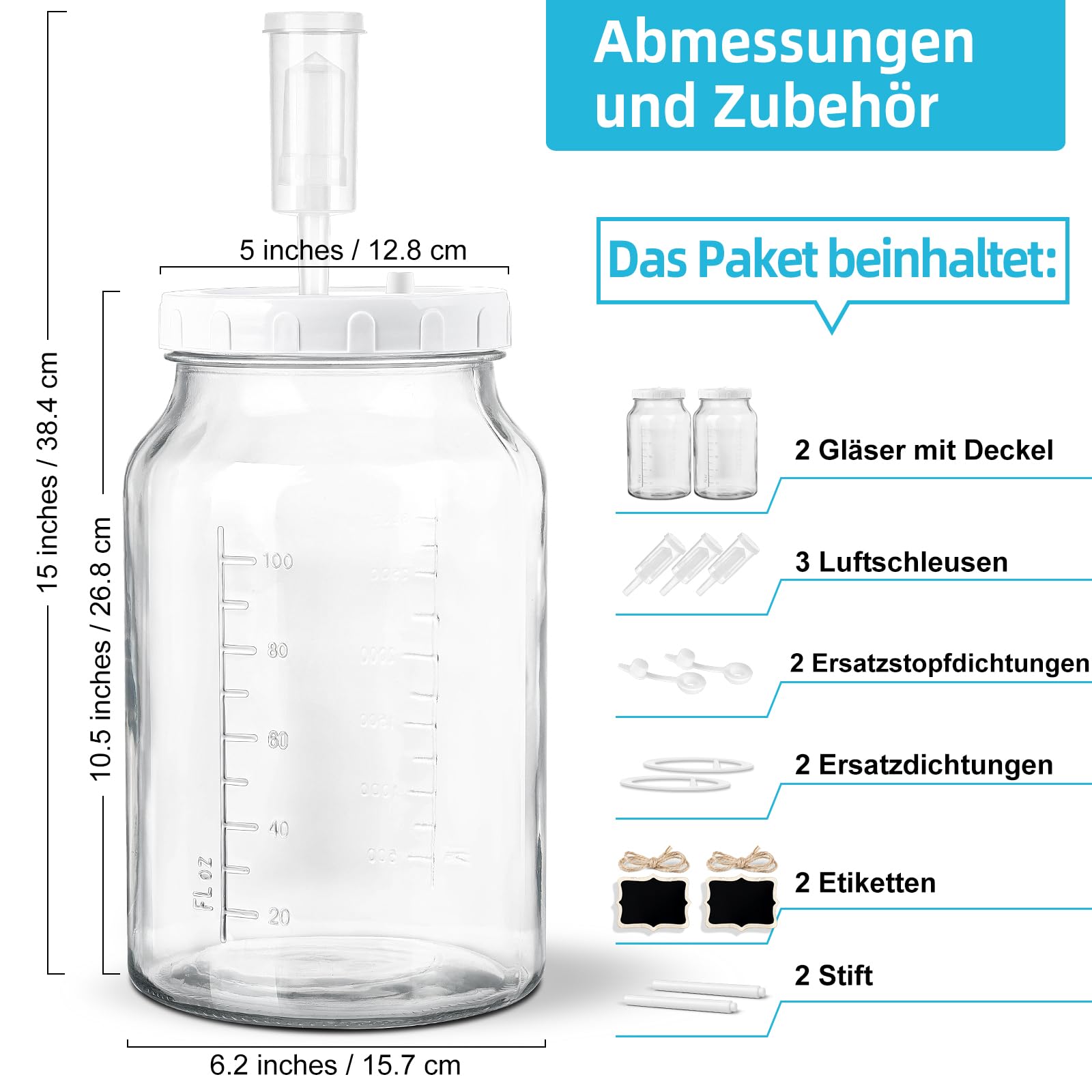 Groß Fermentierglas 4 Liter mit Luftschleuse - Breiter Mund Fermentier Set für Kimchi Sauerkraut Kefir