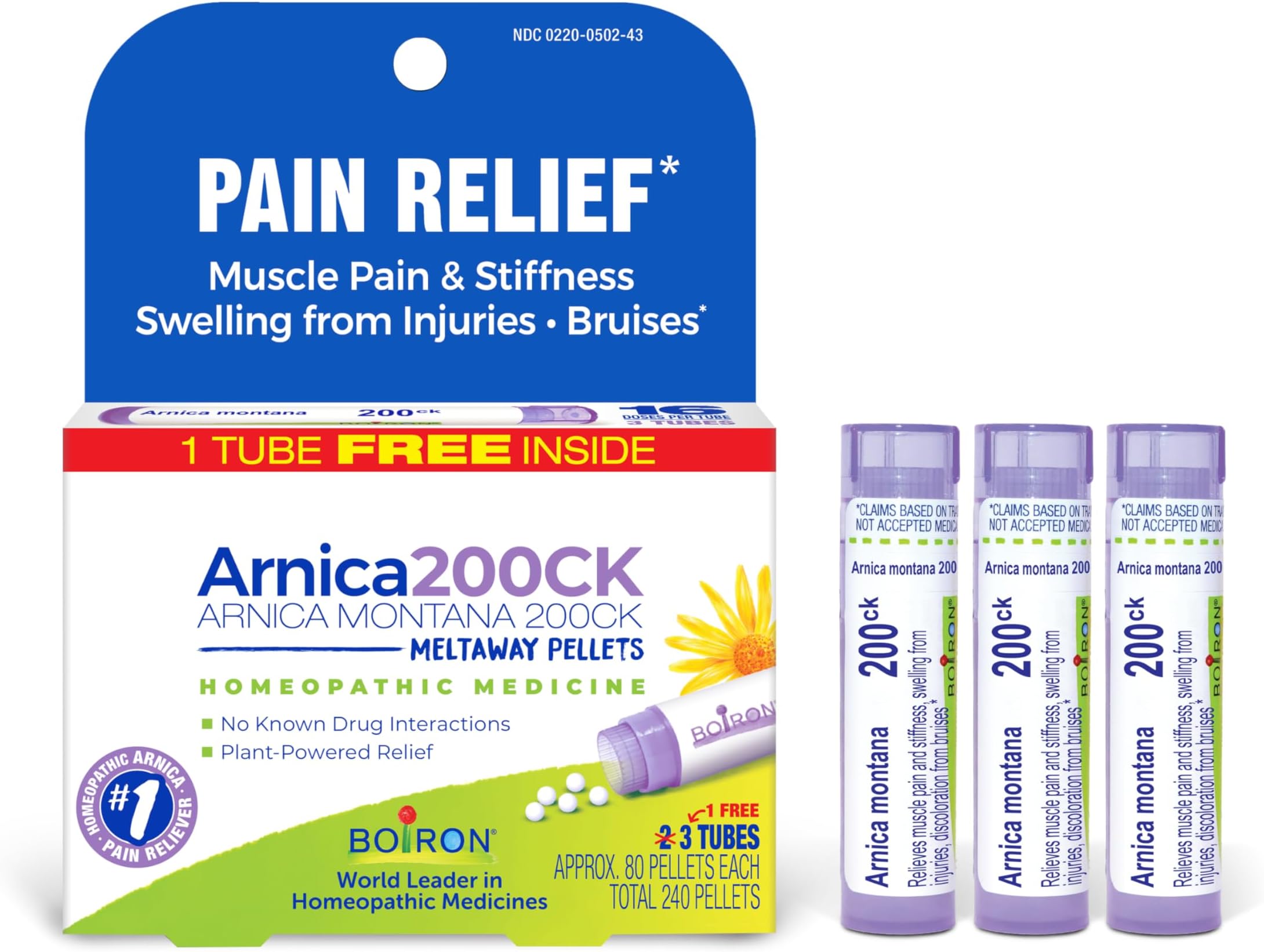 Boiron Arnica Montana 200CK Homeopathic Medicine for Pain Relief, Muscle Pain & Stiffness, Swelling from Injuries, & Bruises - 3 Count (240 Pellets)