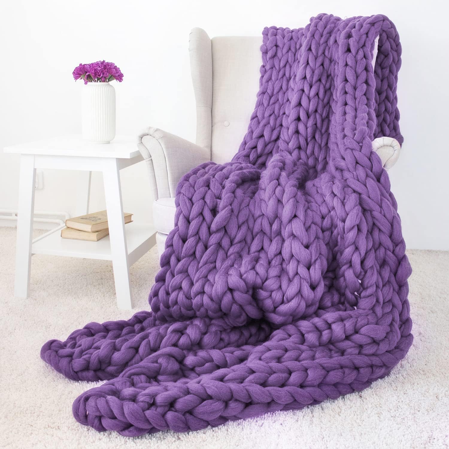 LaoJee Chunky Knit Blanket Merino Wool Blend Handmade Soft Bulky Throw Sofa Chair Home Decor Giant Yarn,Purple,40"x47"