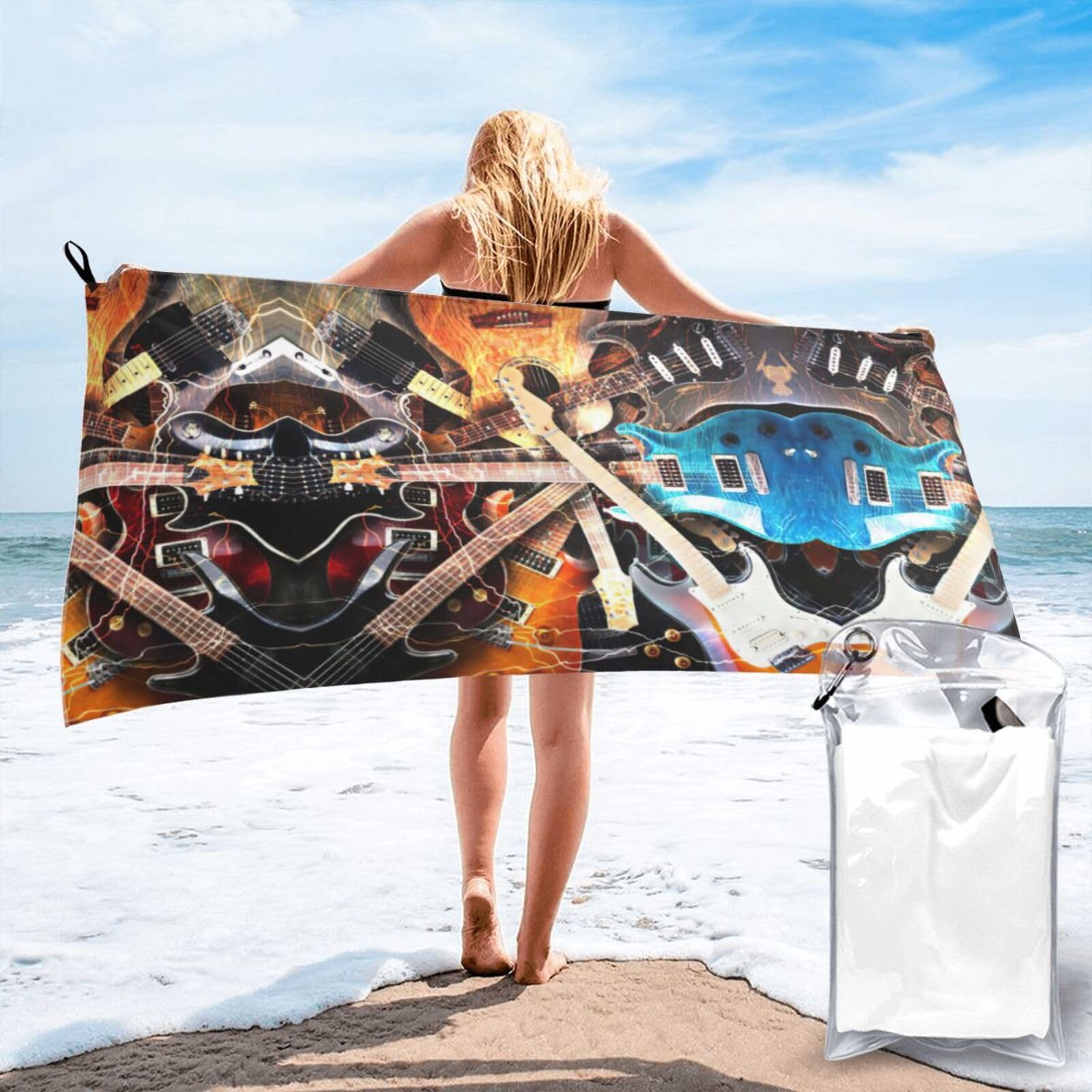 WYCZHY Music Guitar Print Beach Towel Soft Quick Dry For Spa Pool Gym Vacation Travelers Women Men Adults Sauna Gift