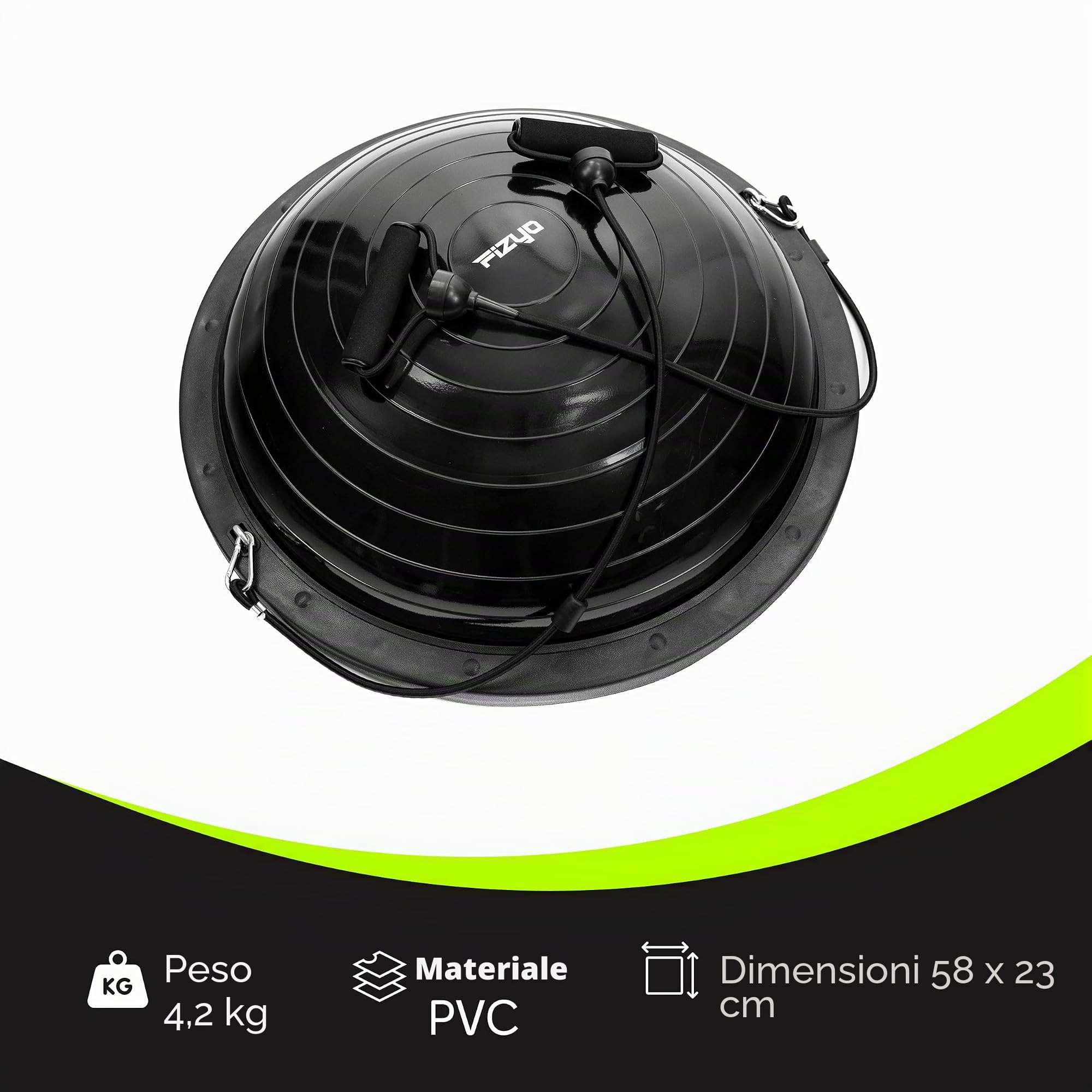 FIZYO Balance Trainer Mezza Sfera Ø 58 cm – Palla da Equilibrio Antiscivolo con Bande di Resistenza & Pompa per Allenamento Core, Yoga, Pilates, Fitness, Fisioterapia & Riabilitazione (Nero)