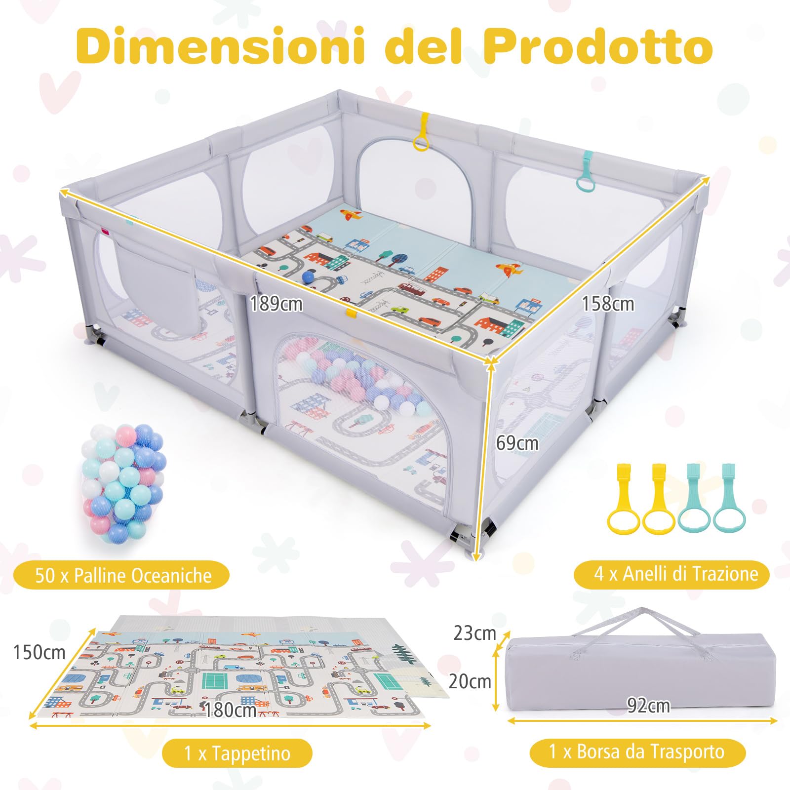 COSTWAY Box per Bambini con Materassino, Recinto per Bambini con 4 Anelli e 50 Palline Colorate, Rete Traspirante, Tasca e Borsa, Box Giochi per Bambino 0-3 Anni (Grigio Chiaro, 189 x 158 cm)