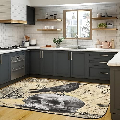 Miniatura 7 de Alfombra de calavera de Halloween para sala de estar, dormitorio, 4 x 6 pies, alfombra vintage de cuervos negros para comedor, sala de juegos,