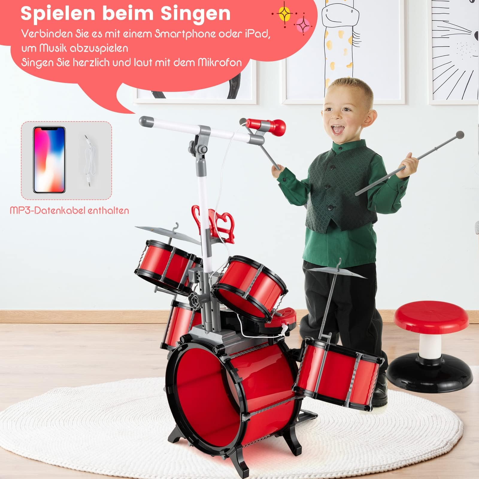 COSTWAY Zestaw perkusji dla dzieci, zestaw perkusyjny z mikrofonem, stojak na nuty, 8 klawiszy i zestaw DJ, wejście audio, instrument muzyczny dla dzieci powyżej 3 lat, czerwony