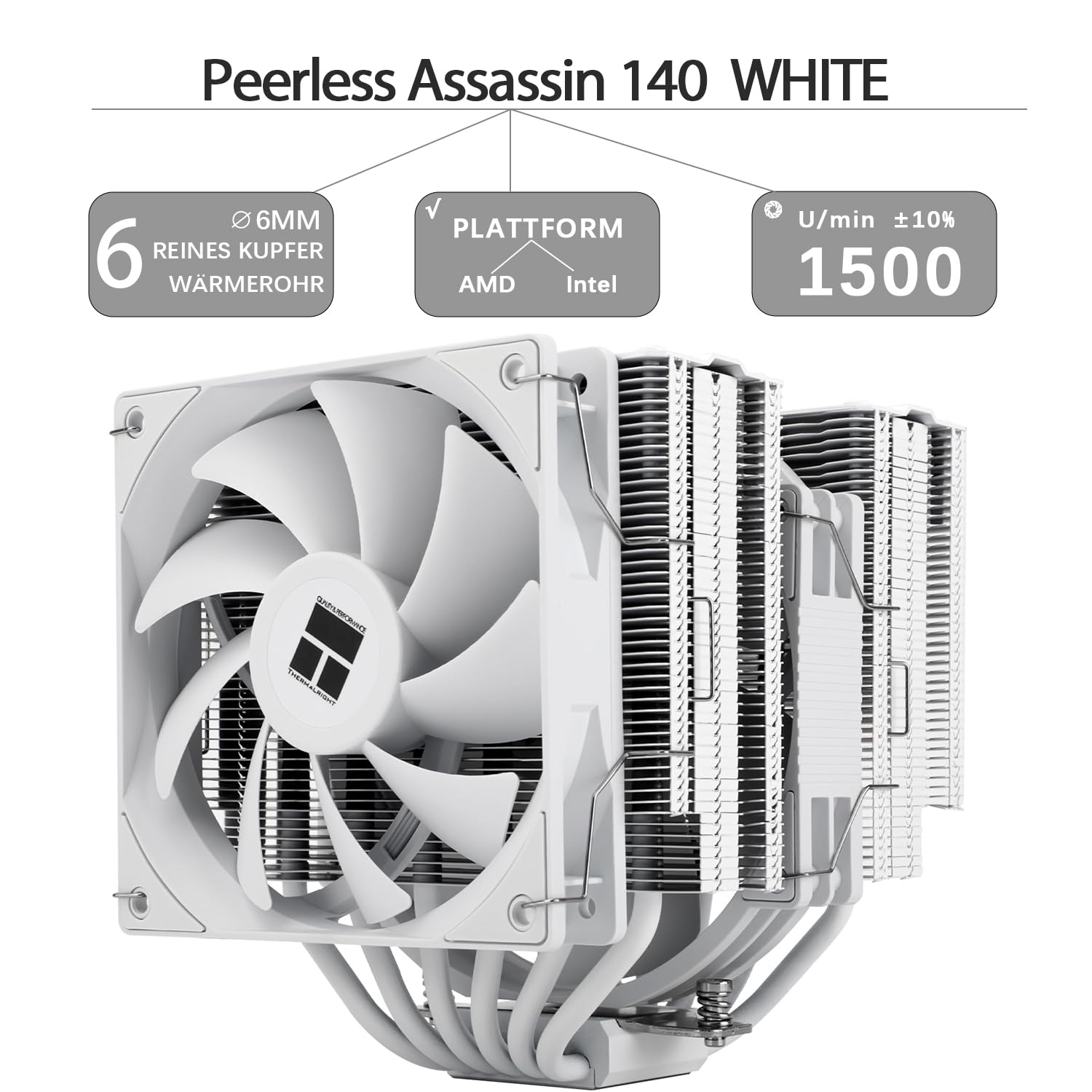 Chłodzenie CPU TR-Thermalright Peerless Assassin 140 White, Podwójna wieża z 6 rurkami ciepła, Podwójne wentylatory PWM 1500 obr./min,dla AM5/AM4 oraz Intel LGA1851/1700/115X/1200/2011