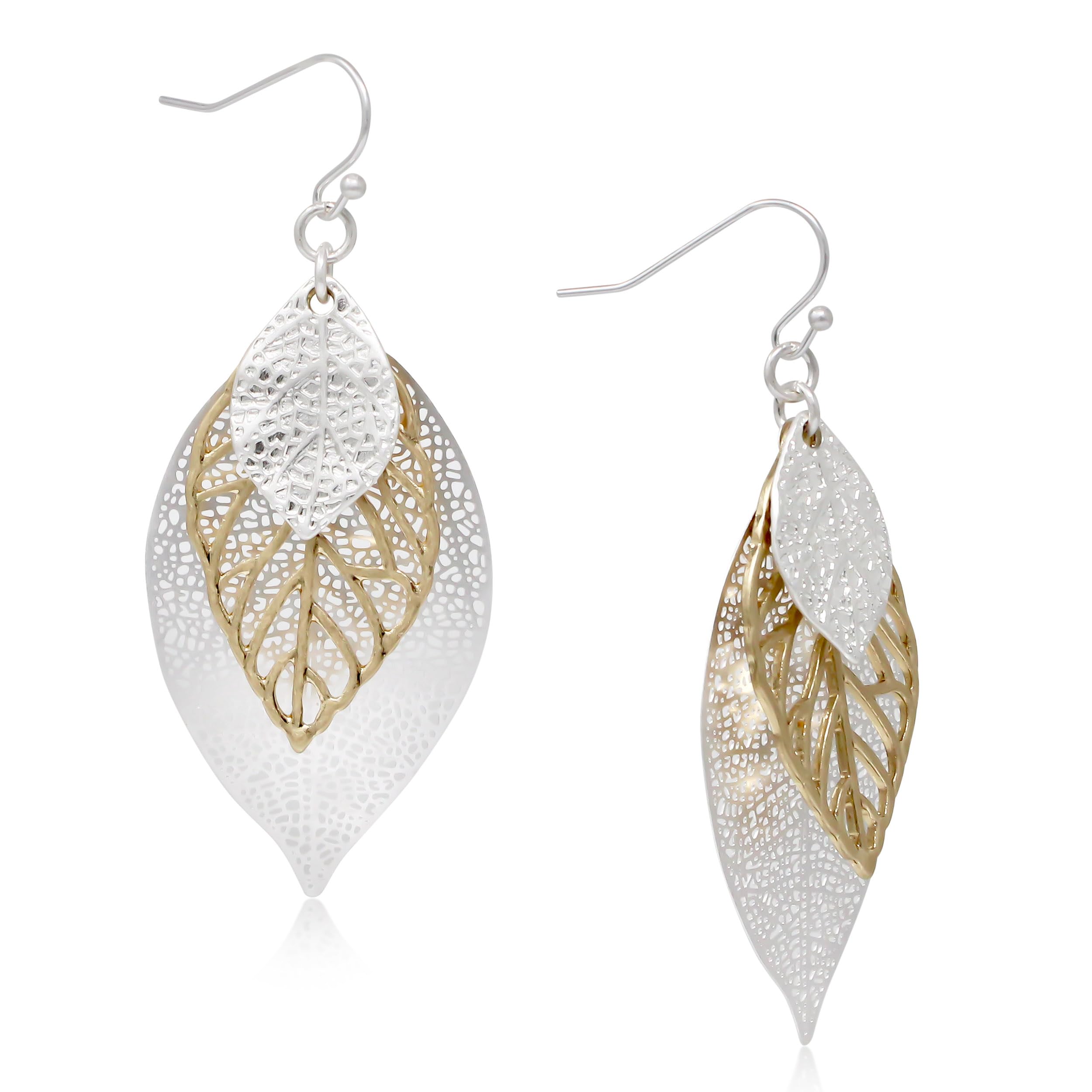 POMINA Choco Gold Fashion Fall Leaf Boho Earrings Gold Silver Two Tone Filigree Leaf Dangle Drop Earrings for Women Jewelry Gifts