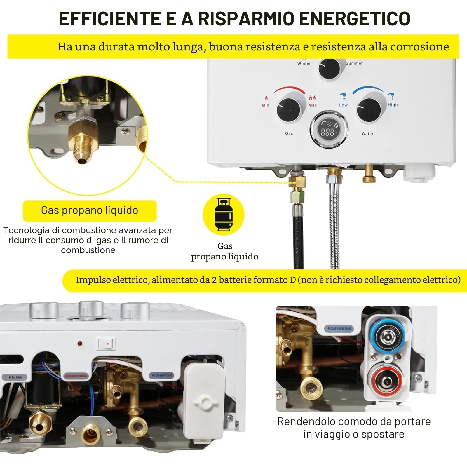 Scaldabagno a Gas 20L, All'aperto Portatile Scaldabagno Istantaneo a Propano Con Display Digitale Multi-Protezione Parete senza Serbatoio Scaldacqua Istantaneo Automatico