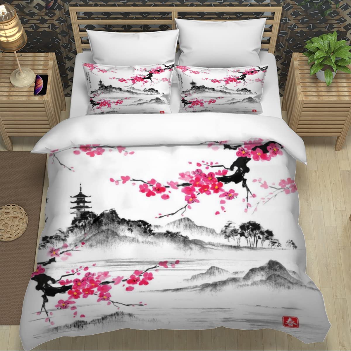Funda nórdica de 140 x 200 cm, diseño de flores de cerezo en 3D, Japón, juego de cama, 1 personas, con cremallera, y 2 fundas de almohada de 3 piezas para niños y adultos