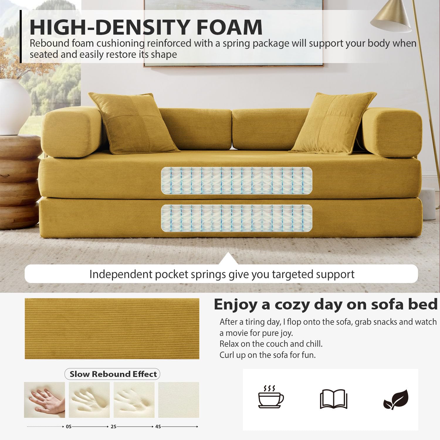 4-in-1 Folding Convertible Sofa Bed, 78 Inch Boneless Couch with Fixed-Shape Frame, Corduroy Loveseat Sleeper with Pull Out Bed, Floor Sofa Modular Futon Couch for Living Room Bedroom Lounge (Yellow)