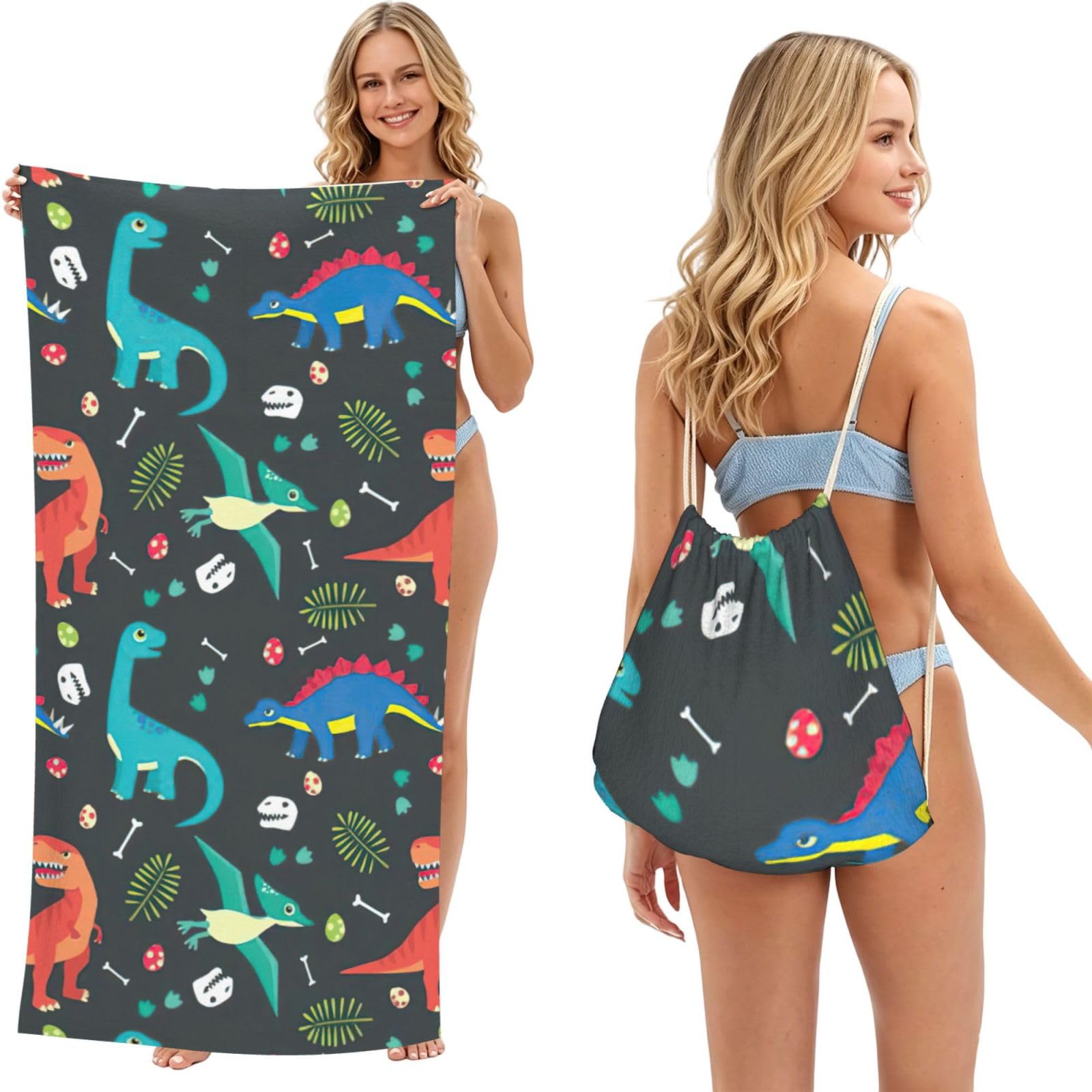 LMNvbz Cartoon Dinosaur Print 2 In 1 Packable Beach Towel Bag, Quick Dry Backpack Microfiber Mat For Camping, Travel, Vacation, Cruise, And Picnic