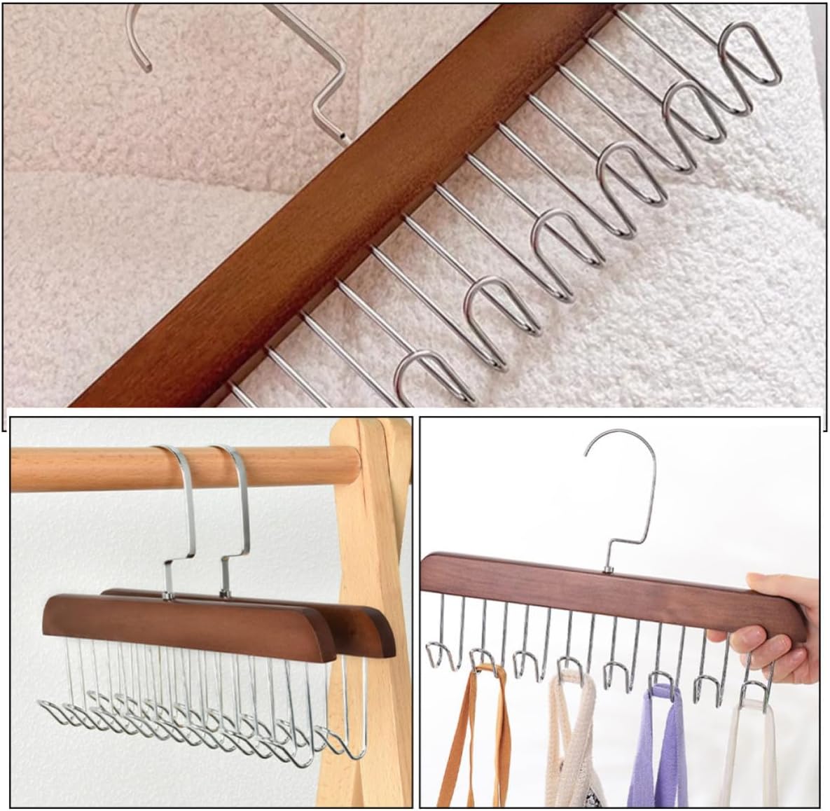 CHILDWEET 3pcs Multipurpose Closet Hanger with 8 Sturdy Hooks, Space-Saving Wooden Organizer for Tank Tops, Scarves, and Belts, Minimalist Modern Design for Bedrooms and Closets