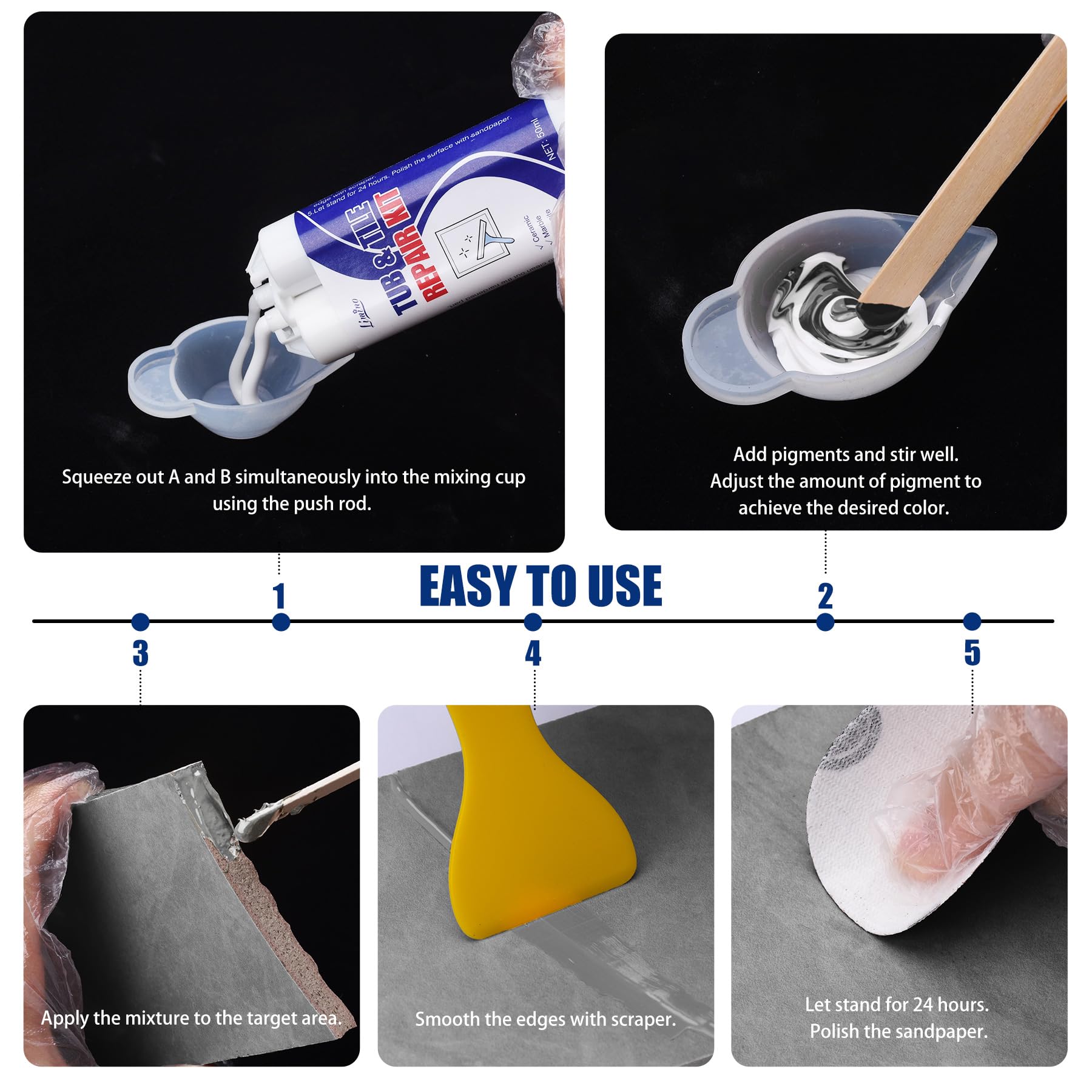 Kit de reparación de azulejos, kit de reparación de porcelana para reparar arañazos, astillas, abolladuras, agujeros en bañera y plato de ducha, relleno de reparación de cerámica para acrílico, fibra