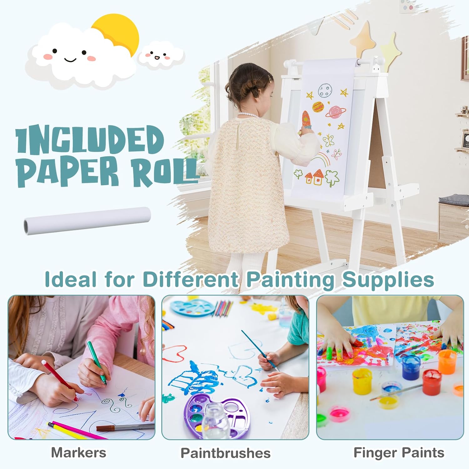 HONEY JOY Art Easel for Kids, Foldable Height Adjustable Double-Sided Toddler Easel w/Magnetic Whiteboard & Chalkboard, Paper Roll, Storage Trays, Wooden Kids Easel for Boys Girls Aged 3+ (White)
