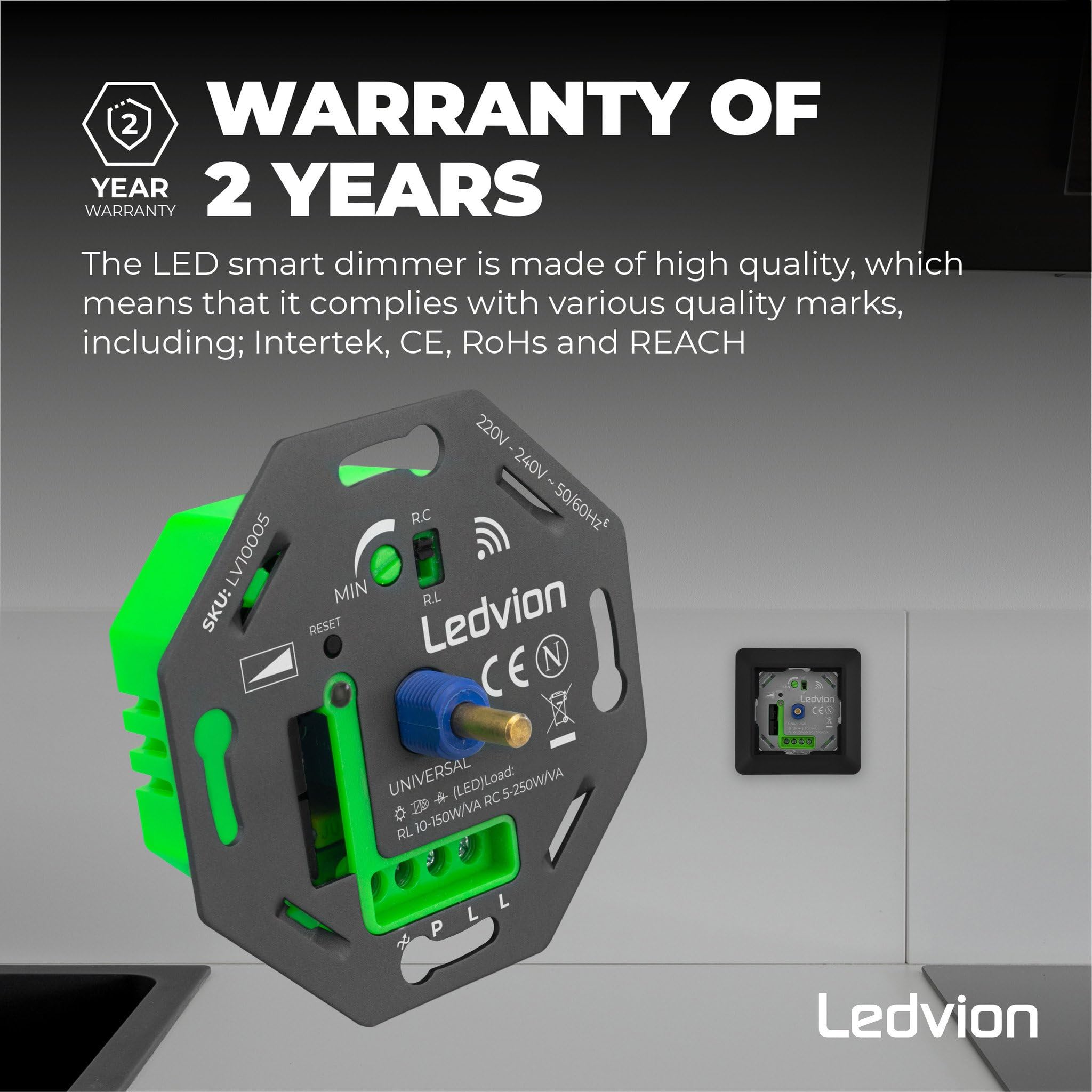 Ledvion - Interruttore Intelligente LED, LED 5-250W, Copertura Nera, Taglio di Fase, Dimmer Rotativo da Incasso, Variatore Rotativo LED