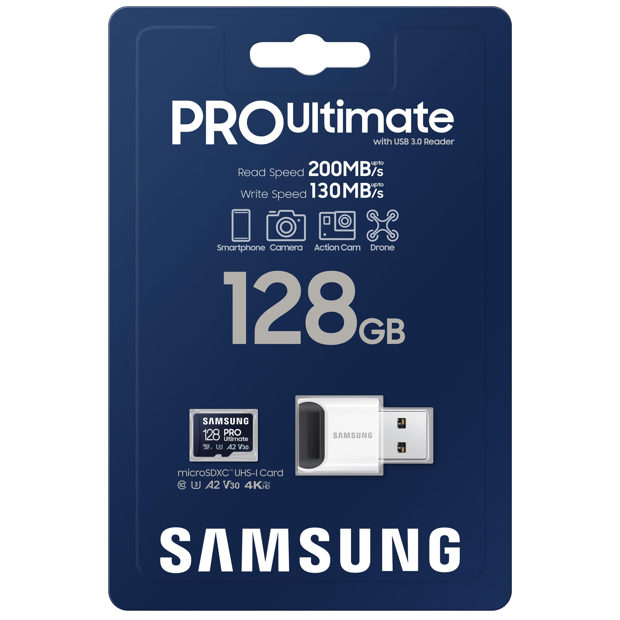 Samsung 128 Go PRO Ultimate Carte Mémoire Micro SDXC jusqu'à 200 Mo/s avec Adaptateur USB, MB-MY128SB/WW