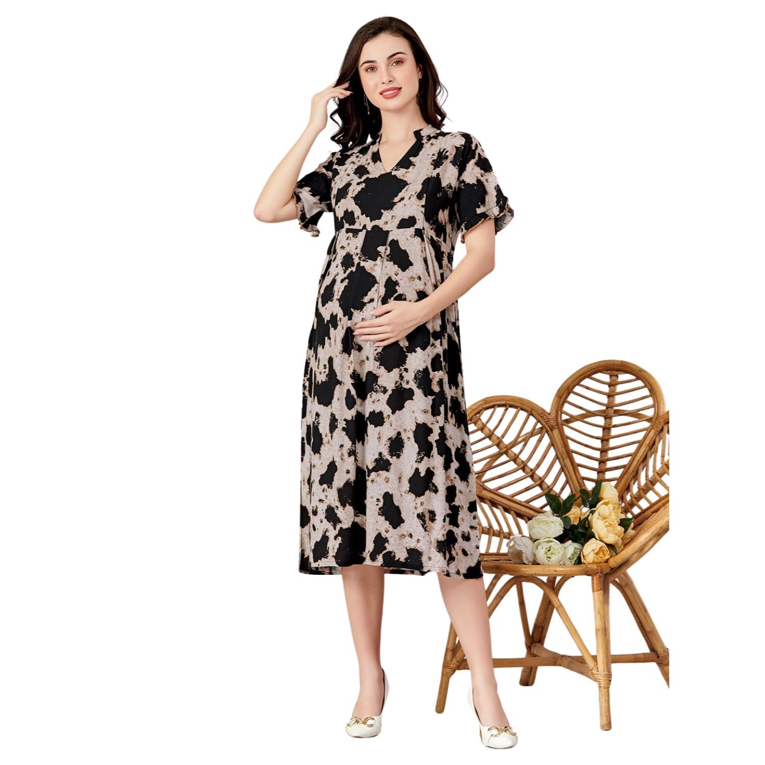 Versatile Beige-Black Animal Print Rayon Maternity Wear | V-Neck & Dual-Zipper for Easy Nursing | Breastfeeding Dress for Pre & Post Pregnancy Women