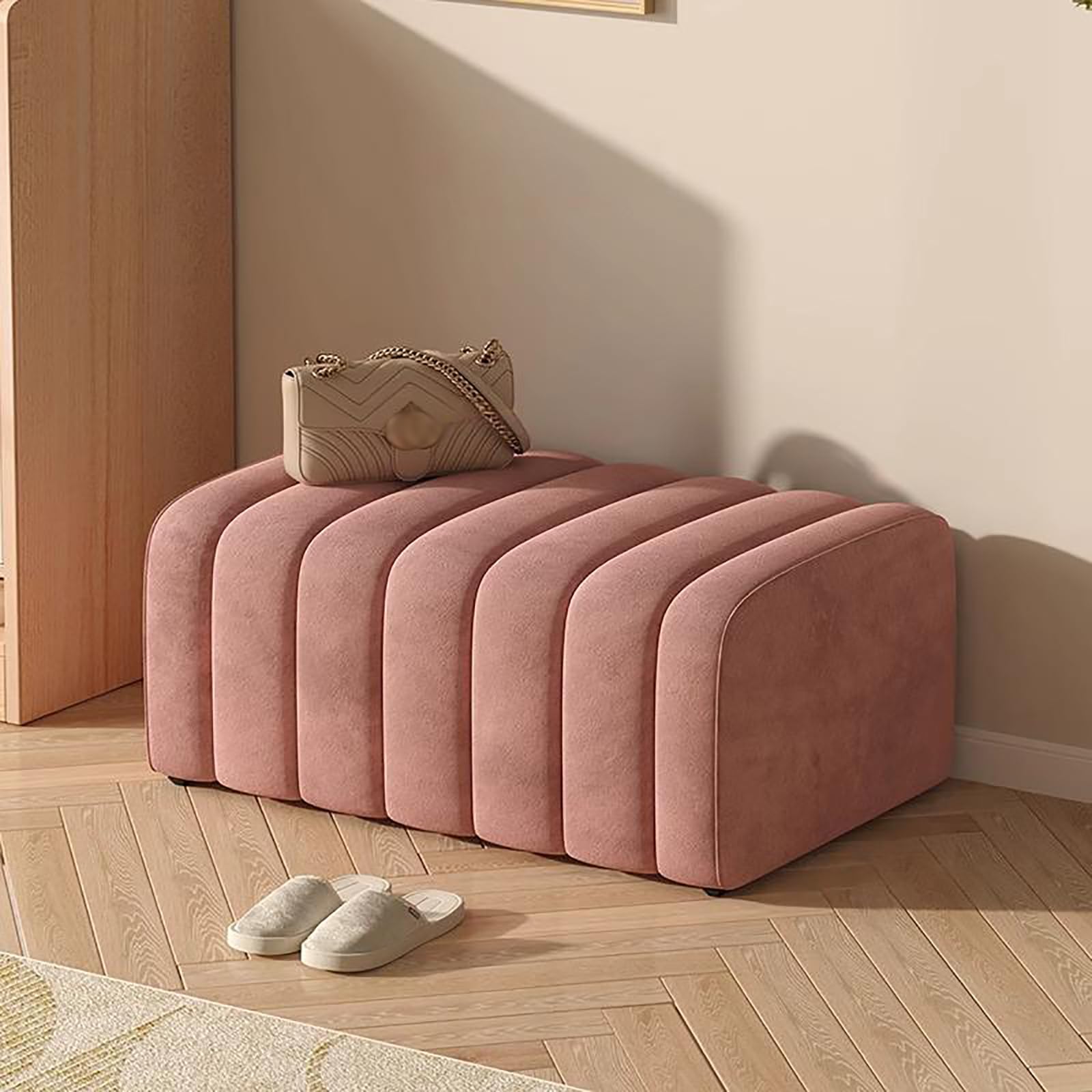 Banco de pie de cama de madera maciza rosa y diseño elegante para tocador