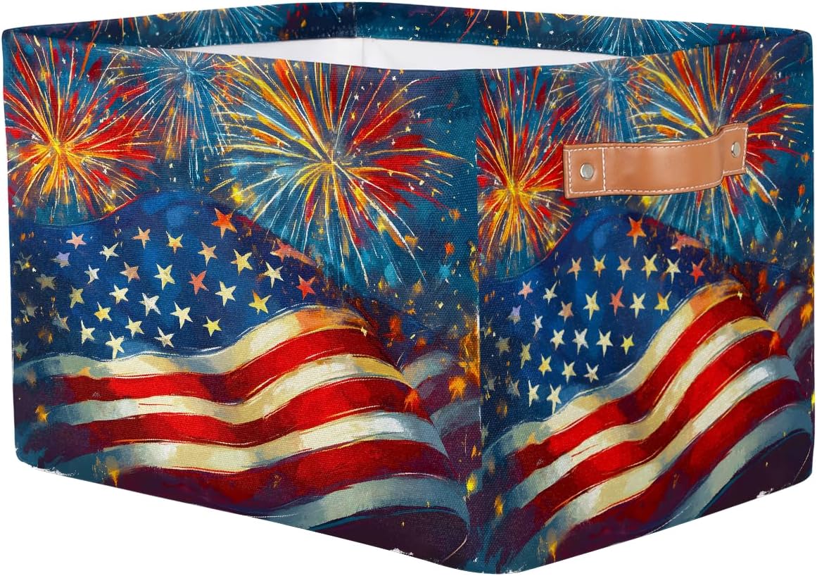 Small Storage Basket With Handles Kids Toy American Flag Fireworks Storage Bins Collapsible Fabric Cube Storage Organizer Hamper for Nursery Living Room Bedroom Shelves Clothes Toy Box Gifts