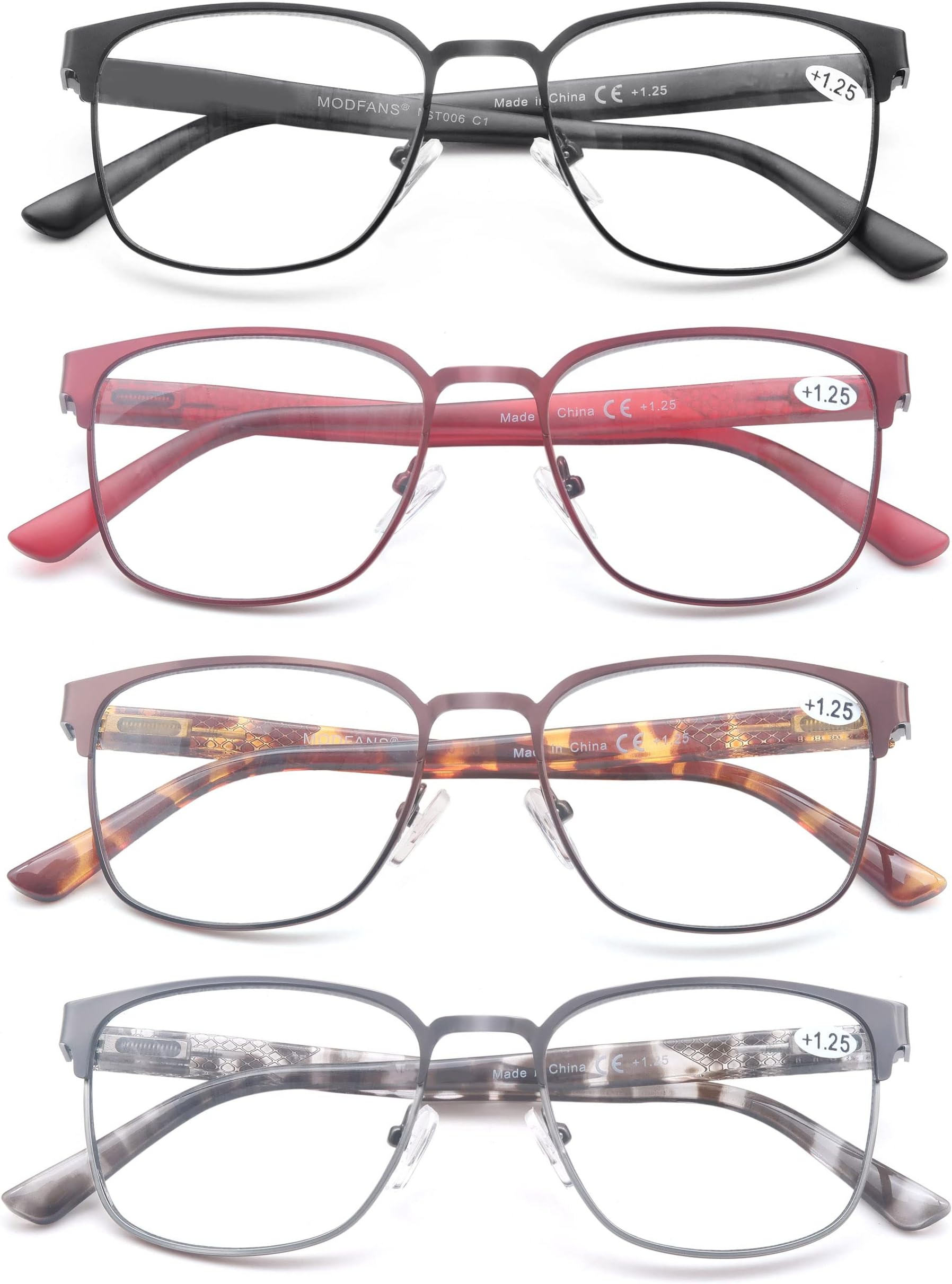 MODFANS 4-Pack Reading Glasses Men Women Blue Light Blocking Metal Frame Stainless Steel Material Round Readers Glasses Black Grey Brown Red