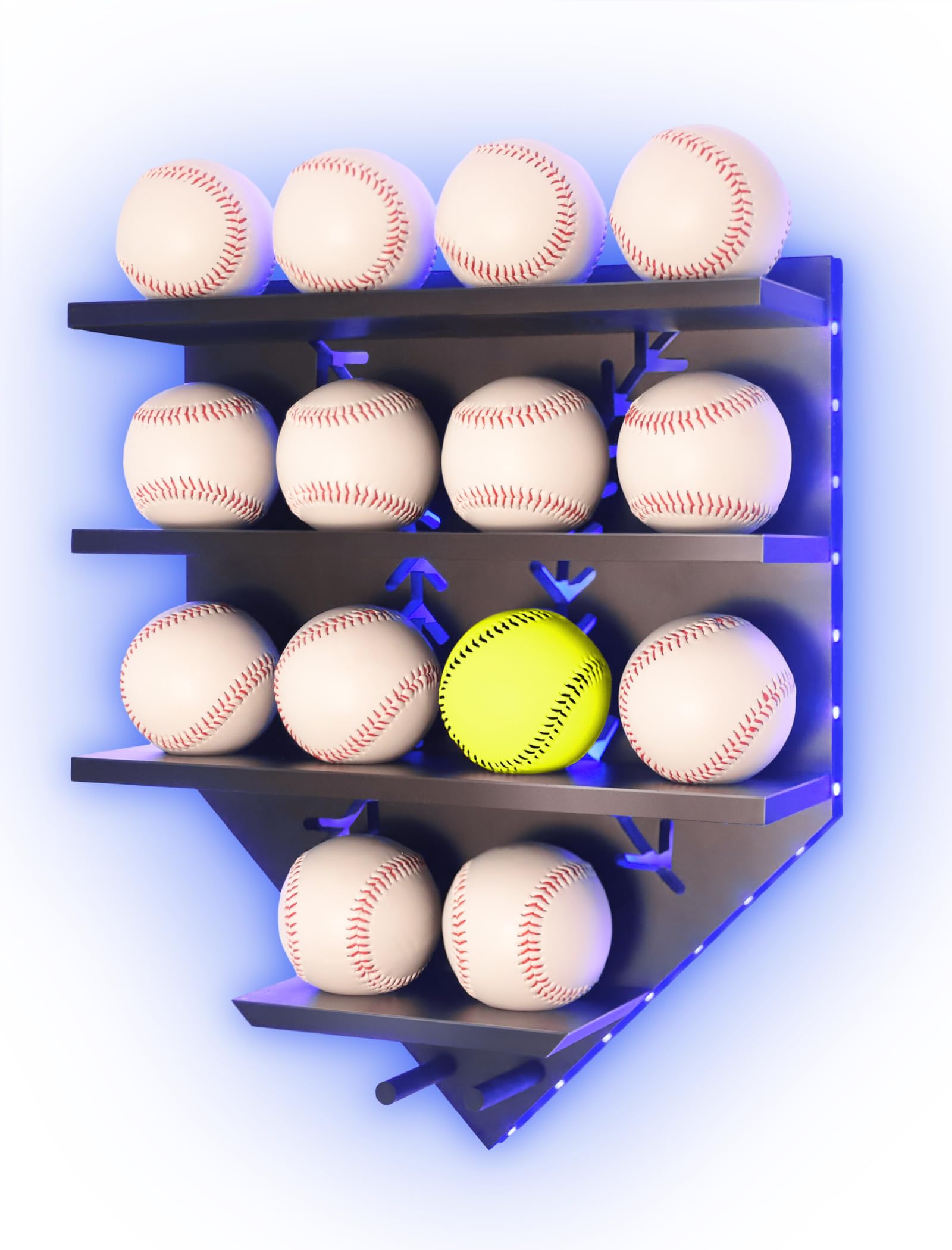 Baseball Display Shelf with LED Light, Home Plate Shaped Wood Holder, Championship Ring Wall Organizer for PSA SGC Collectibles, Ball Hanging Frame Gift for Boys Son